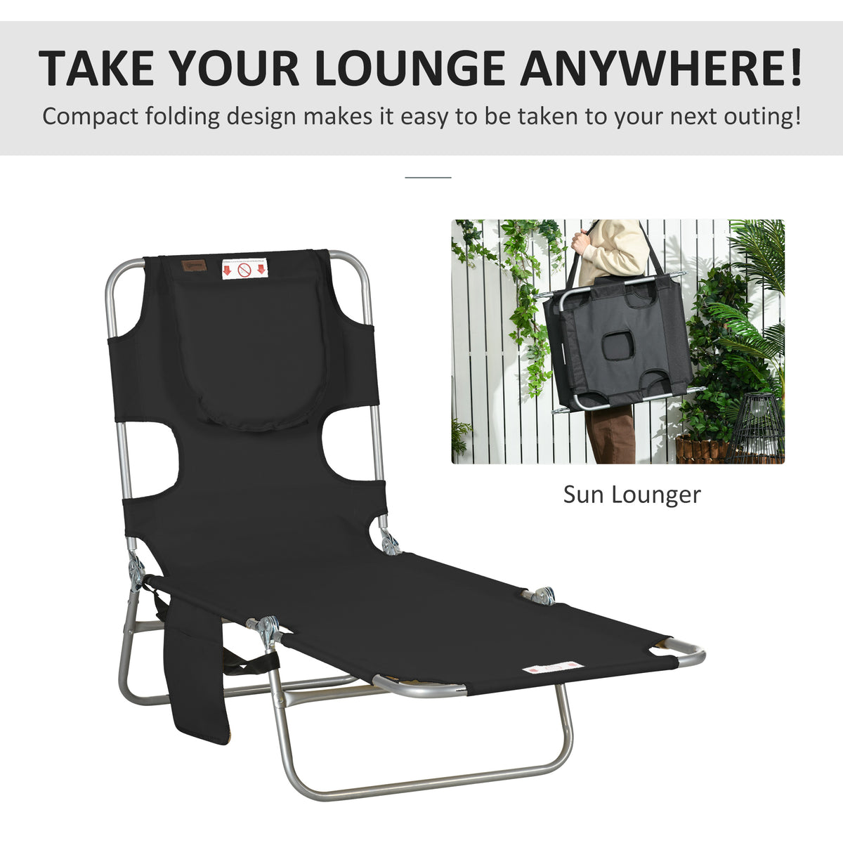 Folding Outdoor Lounge Chair, 5-Level Tanning Chair with Face Hole, Side Pocket, Carry Strap for Beach Pool, Grey