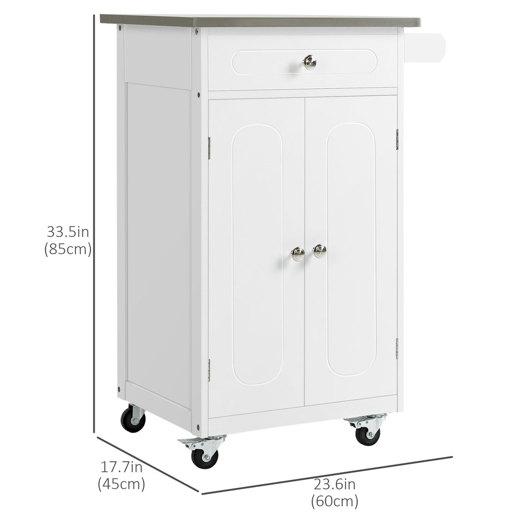 Kitchen Cart, Small Kitchen Island, Stainless Steel Top Utility Trolley on Wheels with Storage Drawer for Dining Room, Kitchen (White)