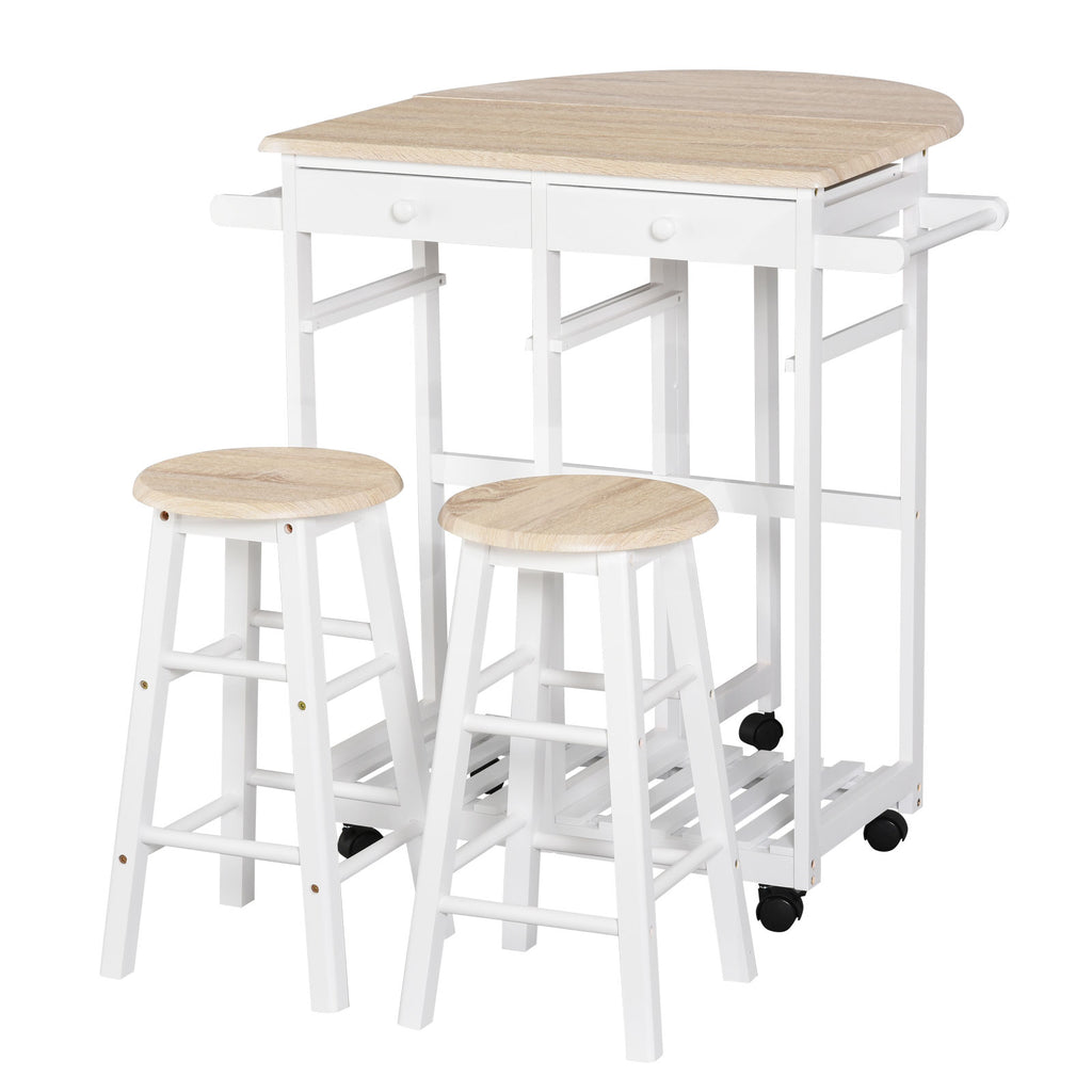 Kitchen Trolley 3 Piece Kitchen Cart Set Drop Leaf Breakfast Table and 2 Stools w/ Rolling Wheels & Towel Bars, Wood & White