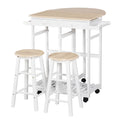 Kitchen Trolley 3 Piece Kitchen Cart Set Drop Leaf Breakfast Table and 2 Stools w/ Rolling Wheels & Towel Bars, Wood & White