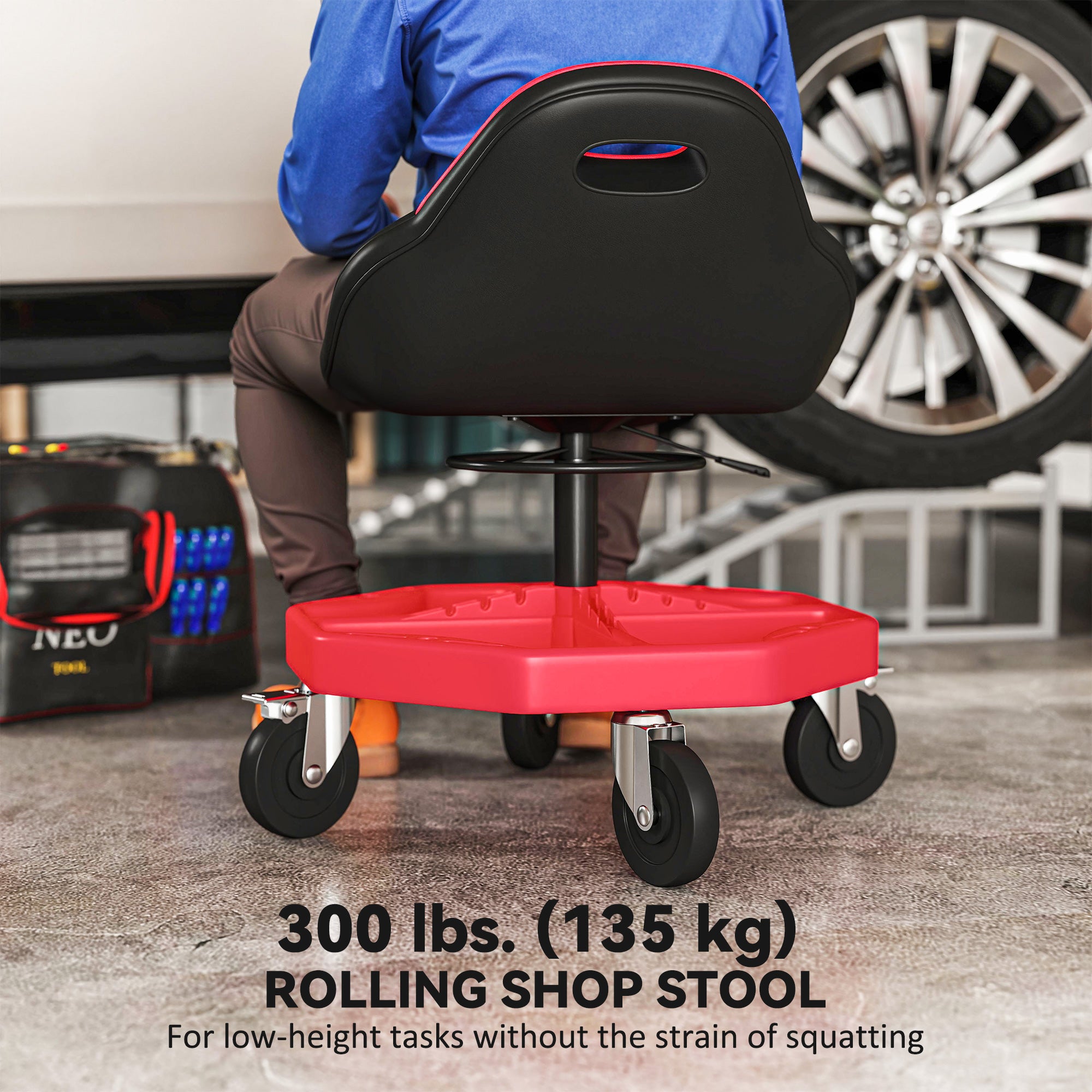 Rolling Garage Stool, 300 LBS Capacity Mechanic Stool with 5" Wheels, Tool Tray Storage, Adjustable Height, Red