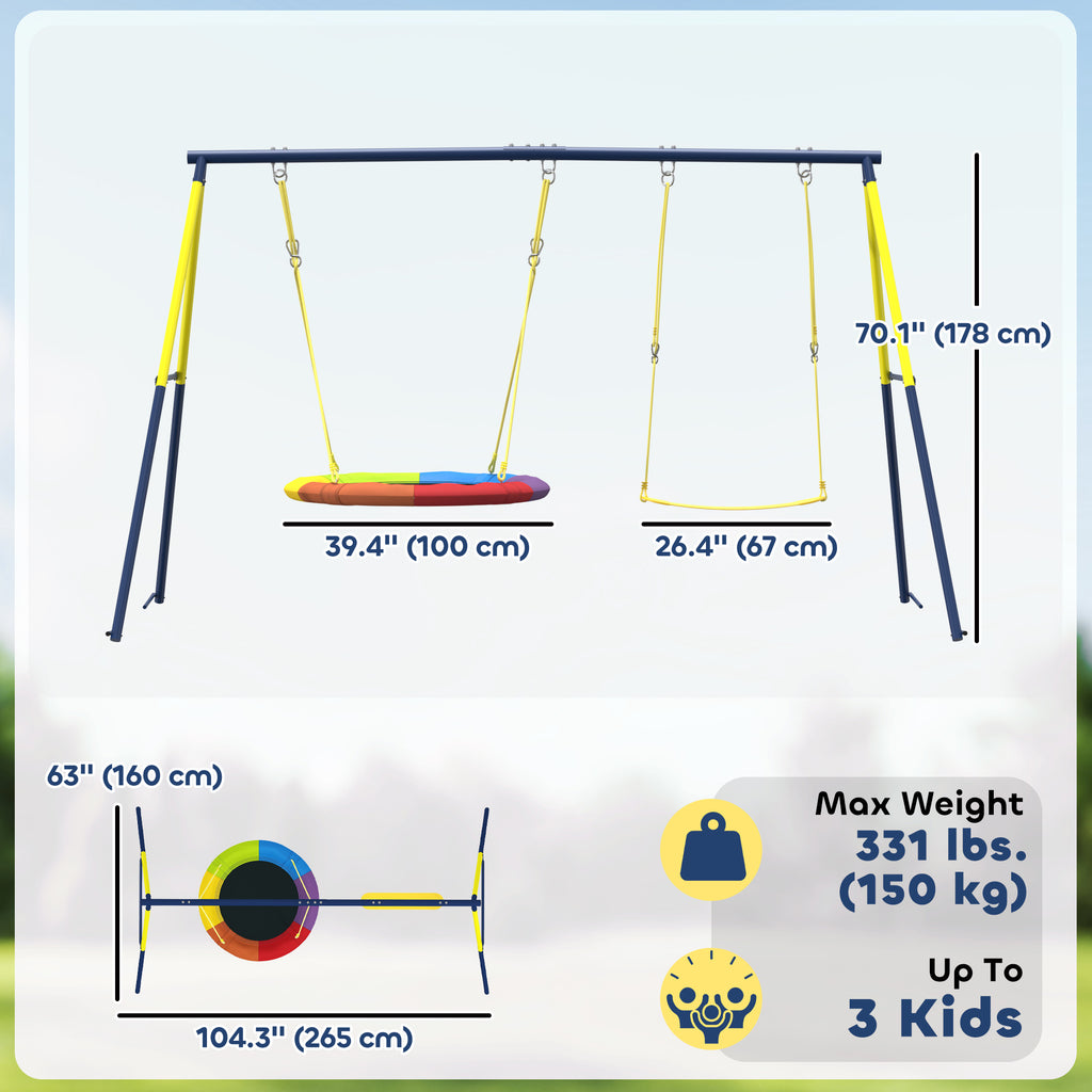 Qaba Kids Swing Set with Double Swings, Outdoor Playset with Adjustable Ropes, Metal Frame for Ages 3-8, 150kg Capacity
