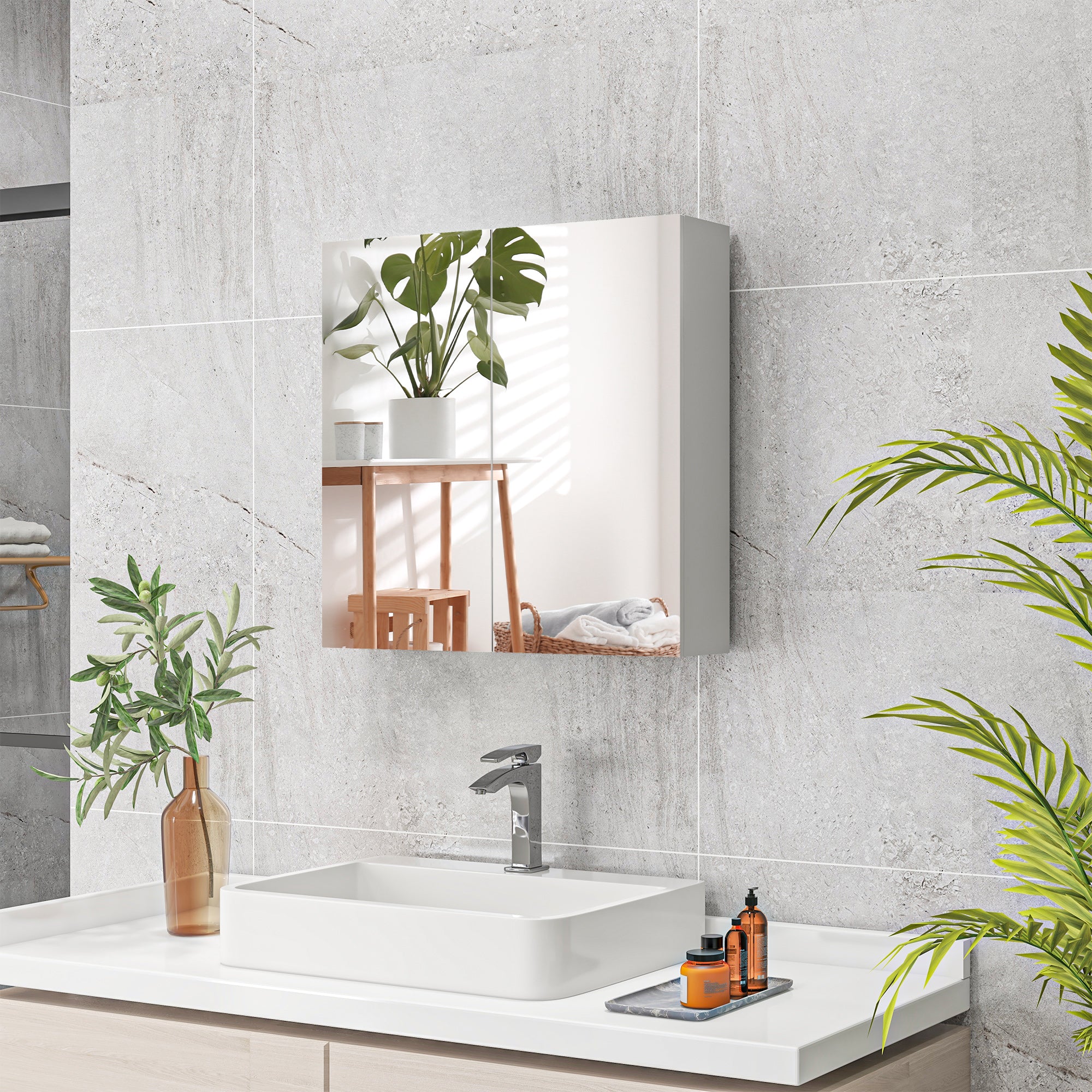 24" x 24" Medicine Cabinet, Wall Mounted Bathroom Mirror Cabinet with Mirrored Doors, Adjustable Shelves and Soft Close Mechanism, High Gloss White