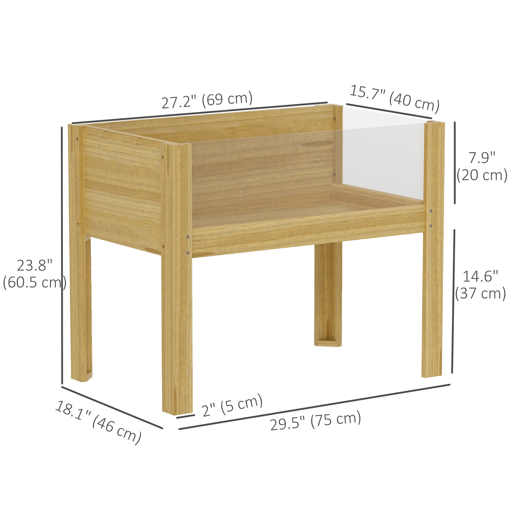 Wooden Raised Garden Bed with Acrylic Panels, Raised Planter Box with Drainage Holes, 43.3" x 19.7" x 31.5"