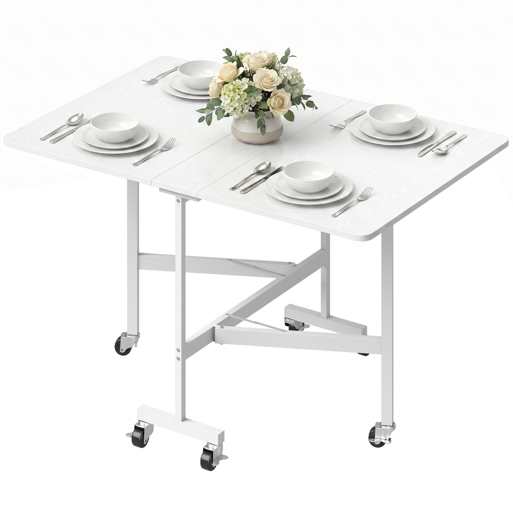 Six-Seater Drop-Leaf Dining Table with Wheels, White