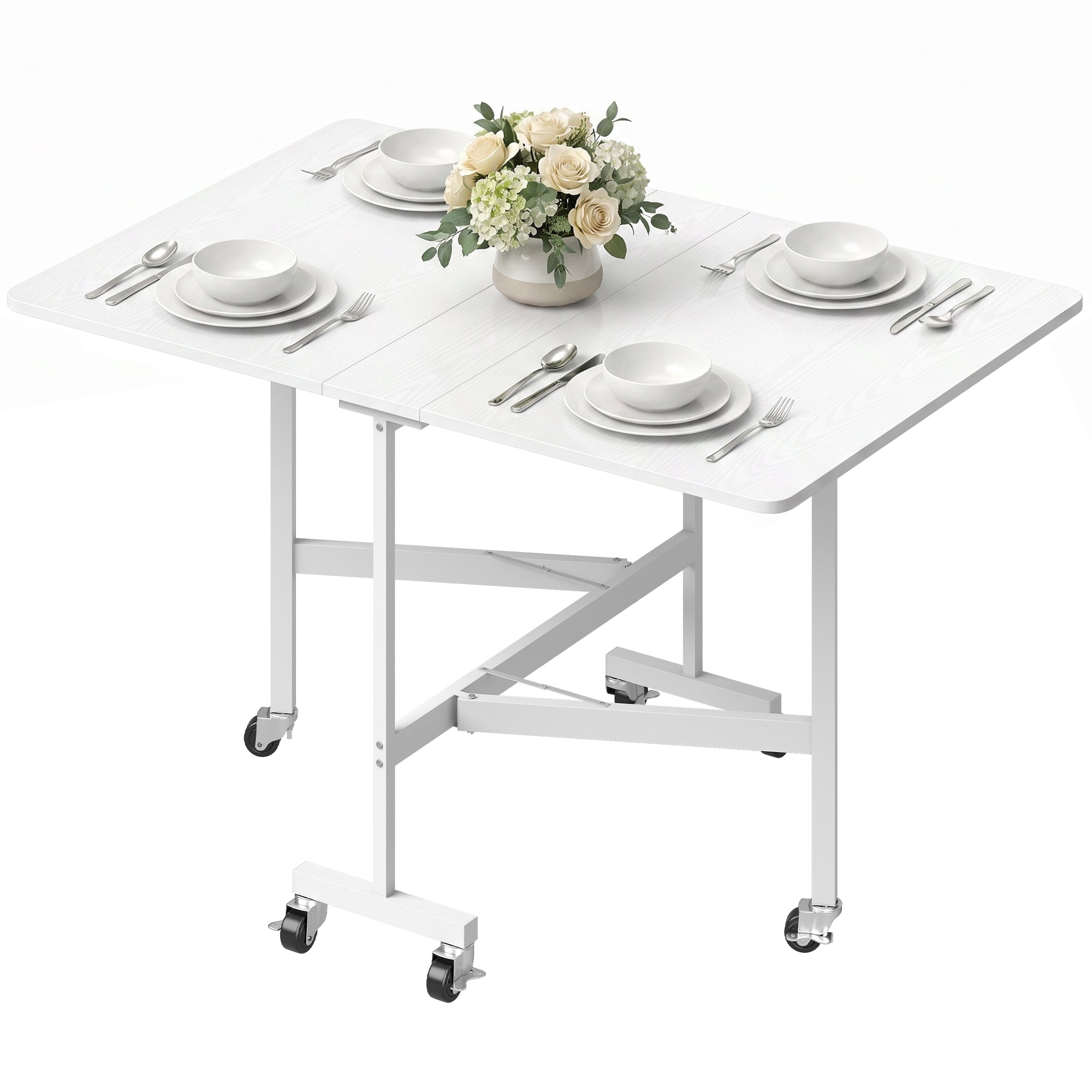 Six-Seater Drop-Leaf Dining Table with Wheels, White