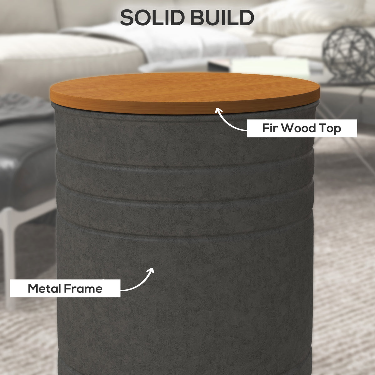 Round Side Table Set of 2, Nesting Coffee Tables w/ Wooden Lid, Galvanized Sheet Frame and Hidden Storage Space, Grey