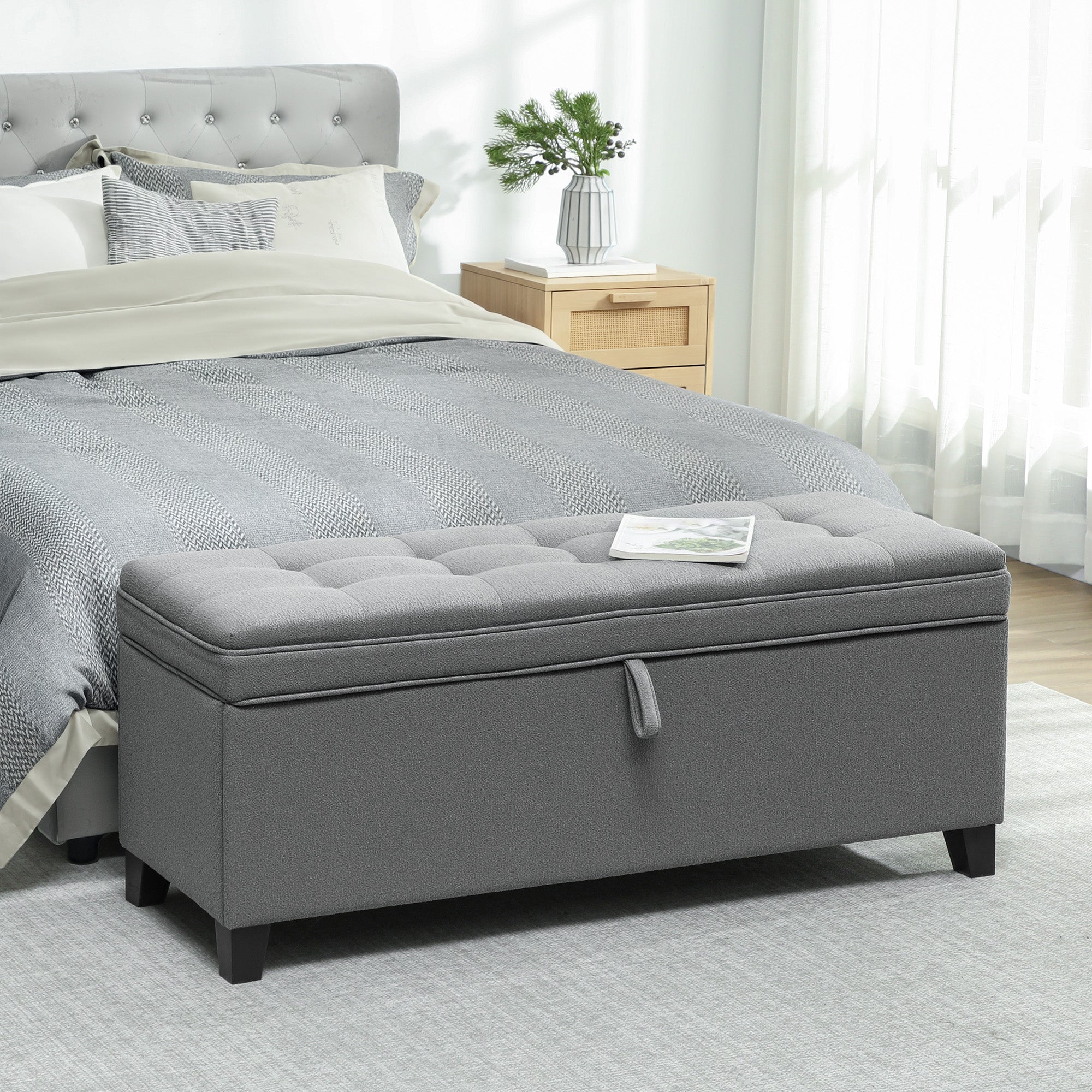 Storage Ottoman Bench, Foot Rest with Safety Hinges, 47 Inches Linen Storage Chest for Living Room, Dark Grey