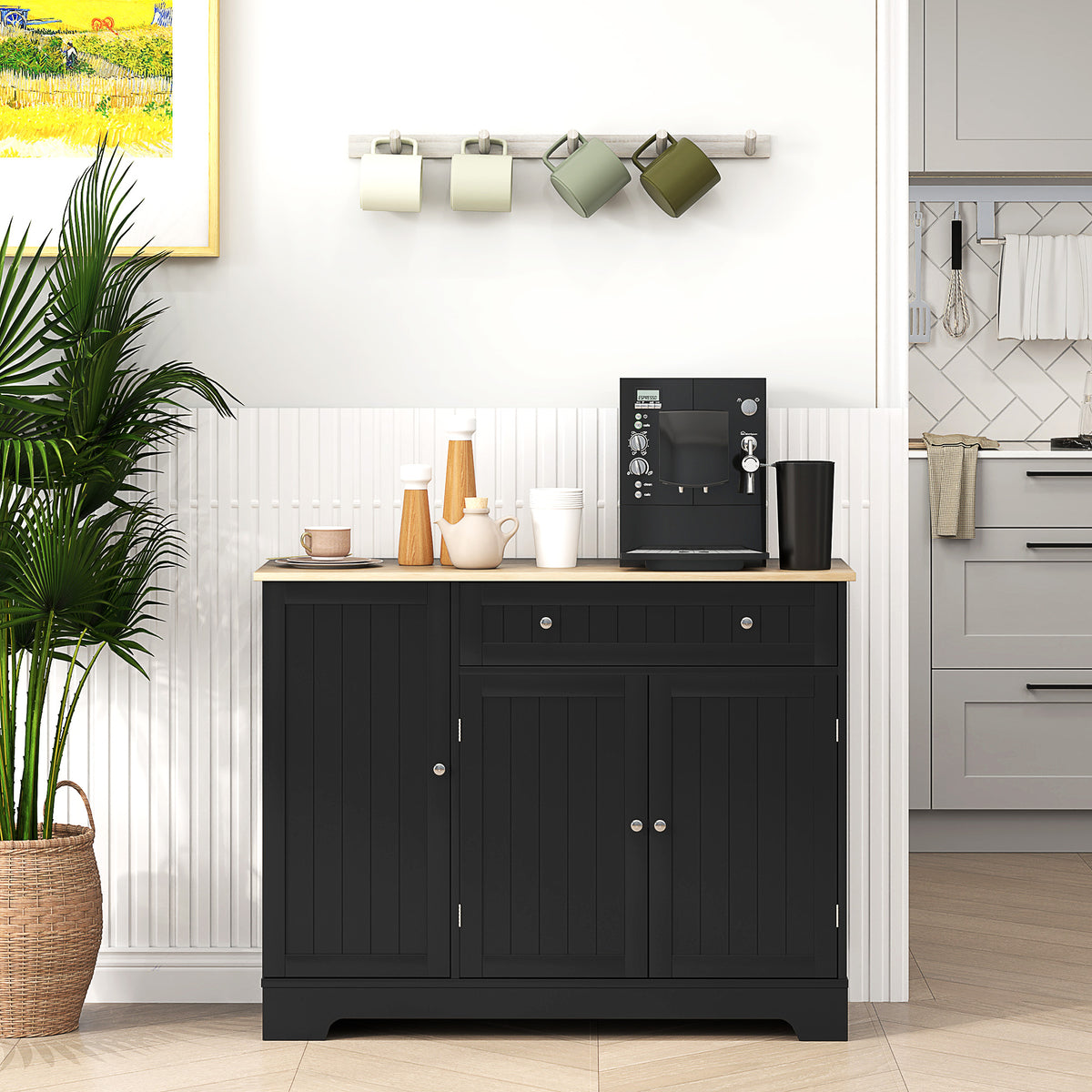 Modern Sideboard Cabinet, 41" Kitchen Buffet Cabinet with Drawer, Adjustable Shelf, 3 Doors for Dining Room, Grey