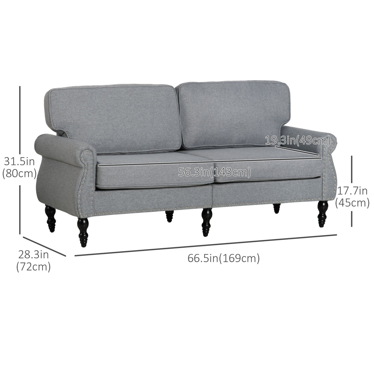 Stylish Midback Double Sofa with Sponge Padding, 2 Seater Sofa Couch, with Rubber Wood Leg, Grey