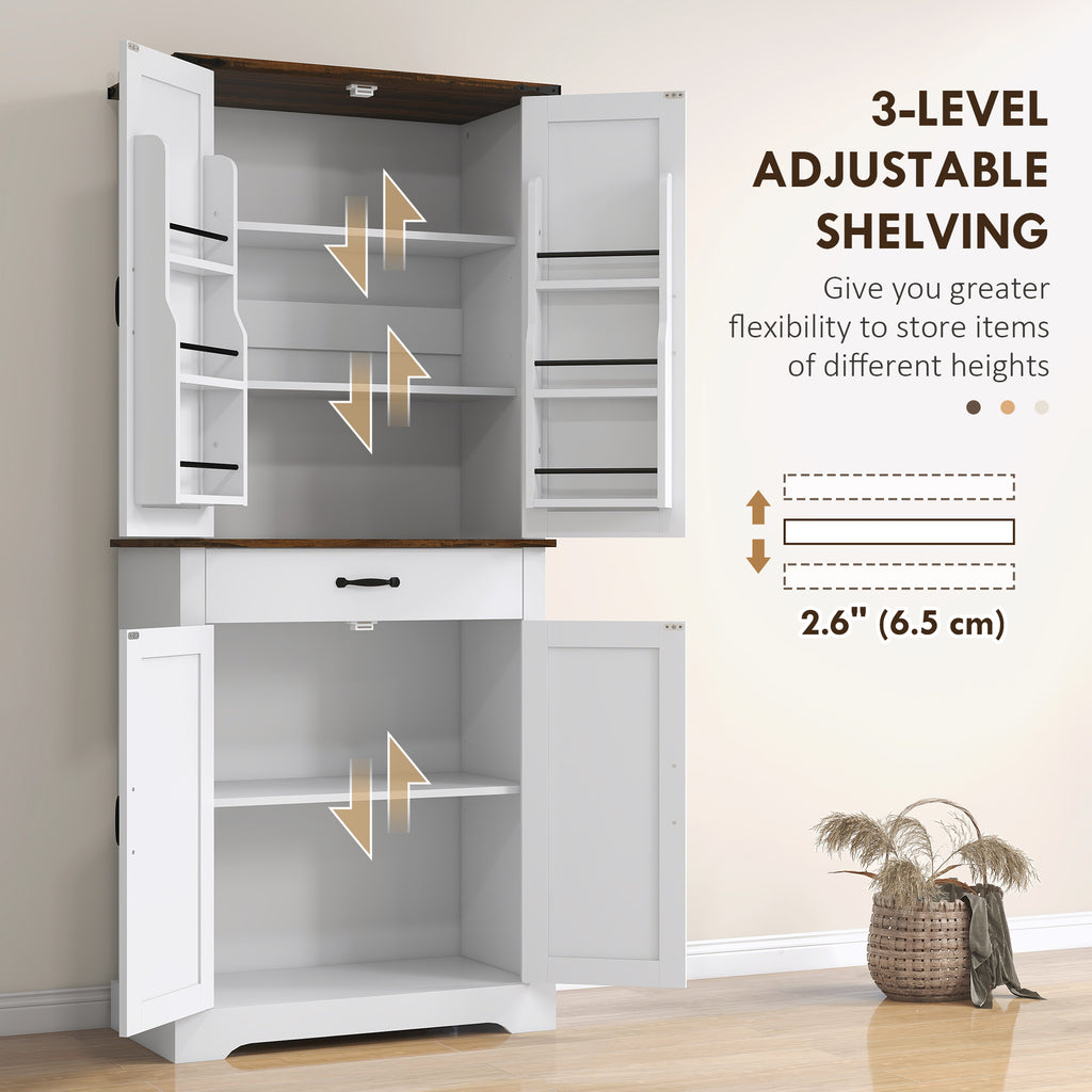 71" Tall Kitchen Cabinet, Farmhouse Pantry Cabinet with Barn Doors, Drawer and Adjustable Shelves, White