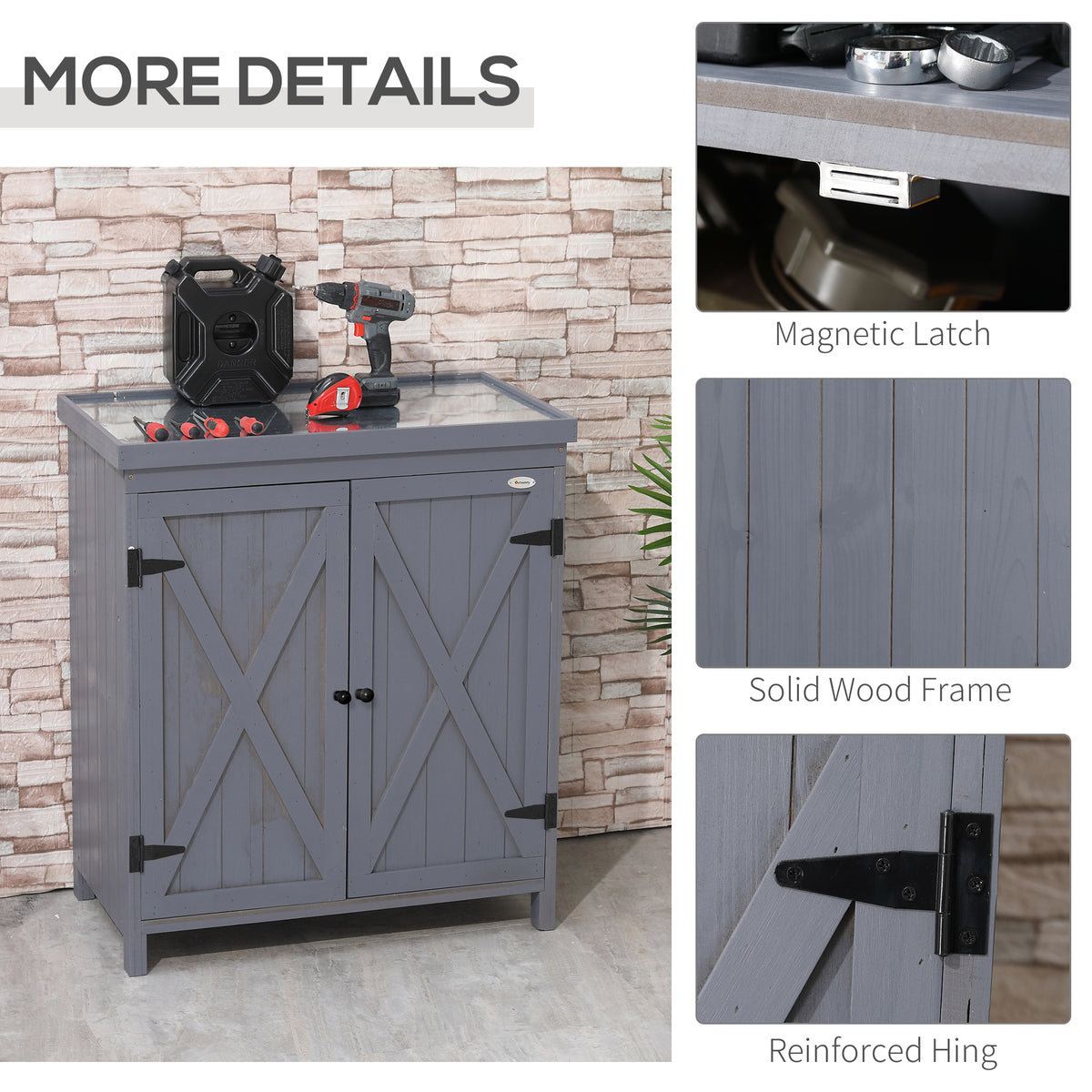 Garden Storage Cabinet, Outdoor Tool Shed with Galvanized Top and Two Shelves for Yard Tools or Pool Accessories, Grey
