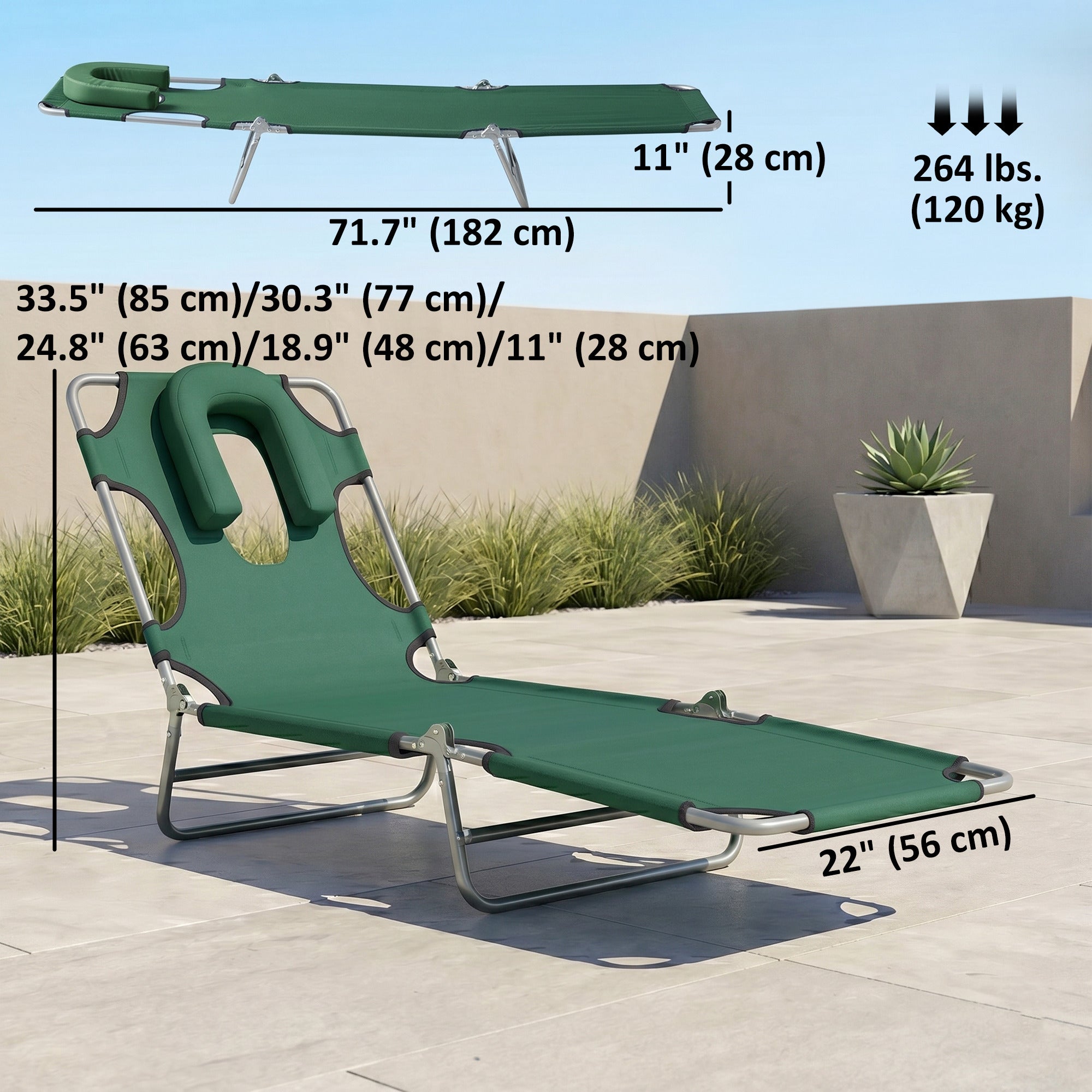 Folding Lounge Chair Outdoor, Tanning Chair with Face Hole Arm Slots, Beach Chaise Lounger with Pillow, 5-Position Adjustable Portable Sun Lounger Bed for Pool, Black