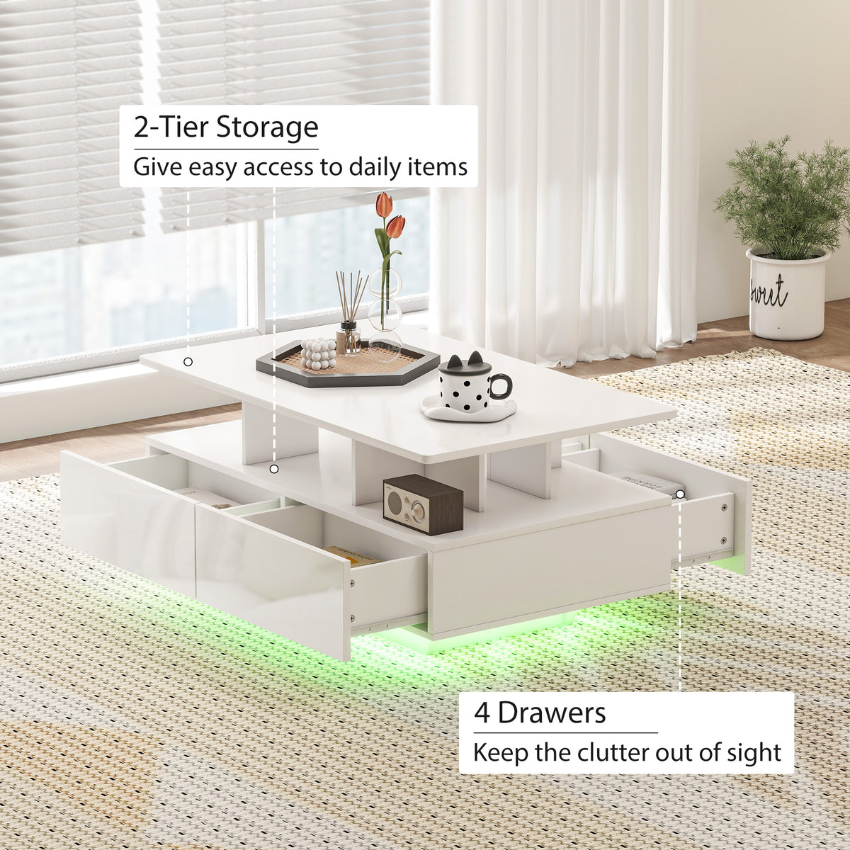 ከ RGB LED መብራት ጋር የቡና ጣውላ፣ ዘመናዊ ናይ መነበብ ክፍሊ ጣውላ ምስ 4 መሳልብታት፣ ክፉት መደርደሪ፣ ርሑቕ ተቆጻጸሪ፣ ልዑል ብርሃን ጻዕዳ