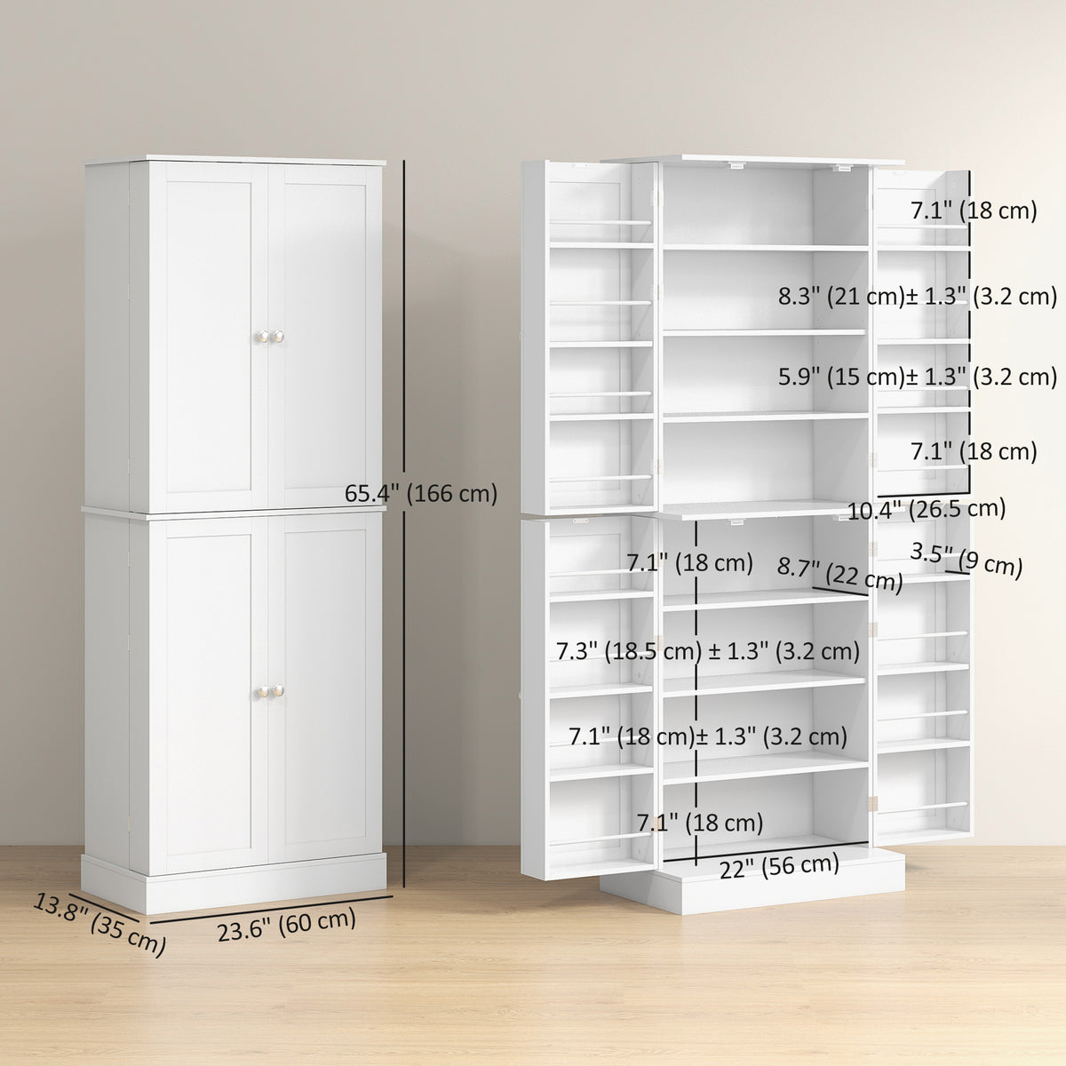 65" Kitchen Cabinet, Kitchen Pantry Cabinet with 4 Doors and 16 Door Shelves for Dining Room, White
