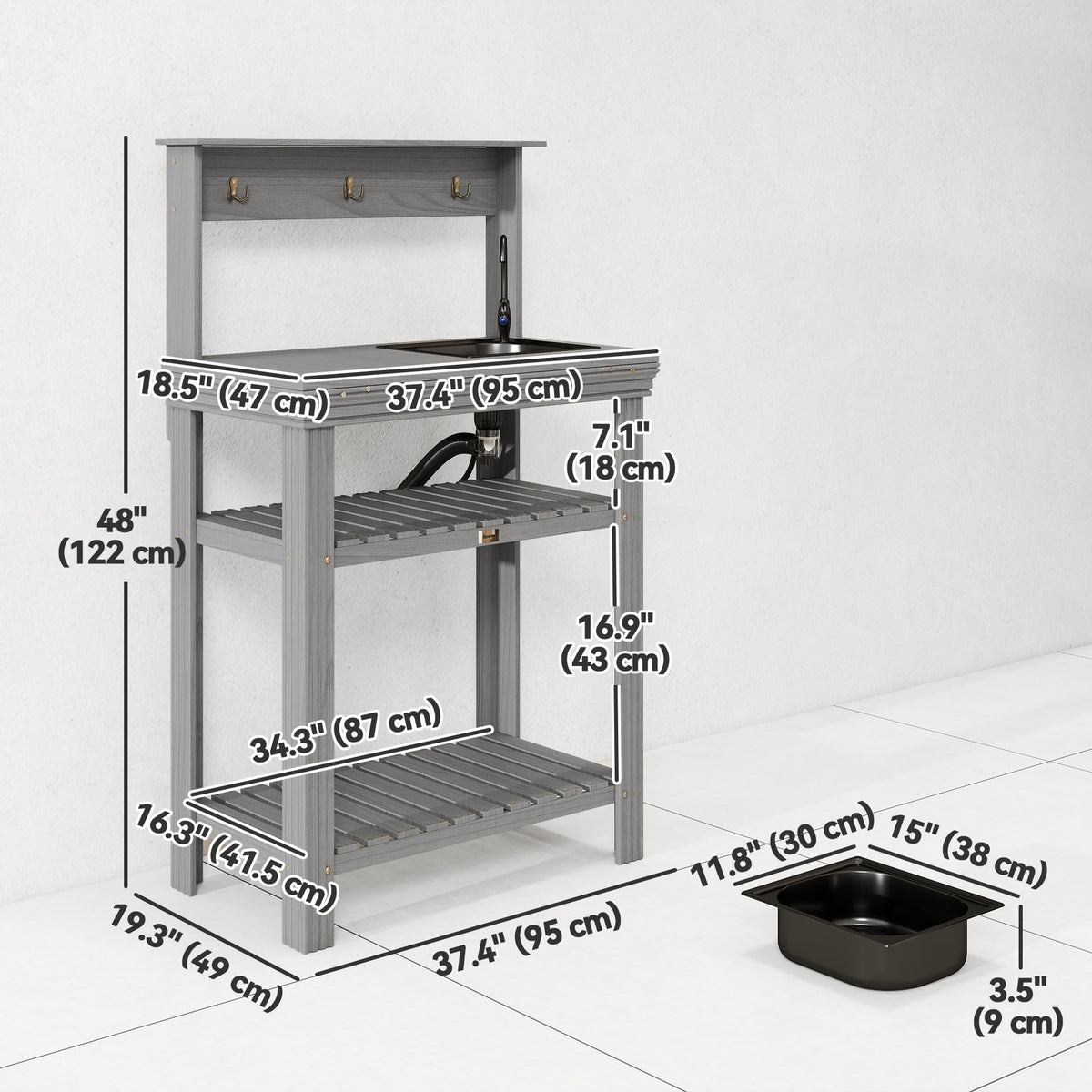 Outdoor Potting Bench Table with Faucet, Removable Sink, Hooks and Storage Shelves, Wood Work Bench Workstation, Grey