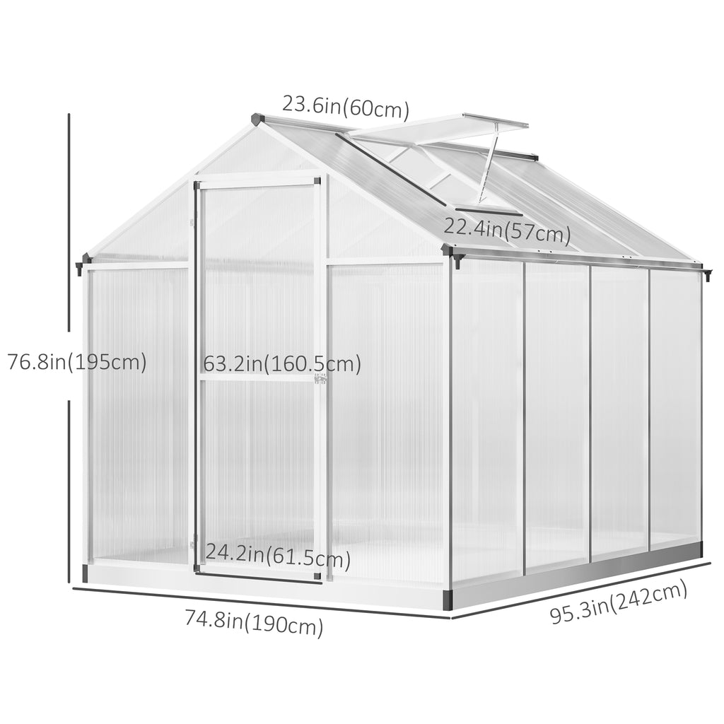 6' x 8' x 6.4' ፖሊካርቦኔት ግሪንሃውስ፣ ኣሉሚኒየም ዋልክ-ኢን ግሪን ሃውስ ኪት ጀርዲን፣ ንእሽቶይ ተኽሊ ዝበቍል ምስ ዝናም ገላጋይን ጣሪያ ቬንትን፣ ሲልቨር