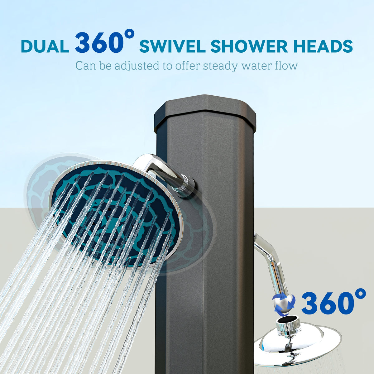 9.2 Gallon Solar Heated Outdoor Shower, 7.1ft with 2 Free-Rotating Shower Heads & Foot Showers for Poolside Beach Spa