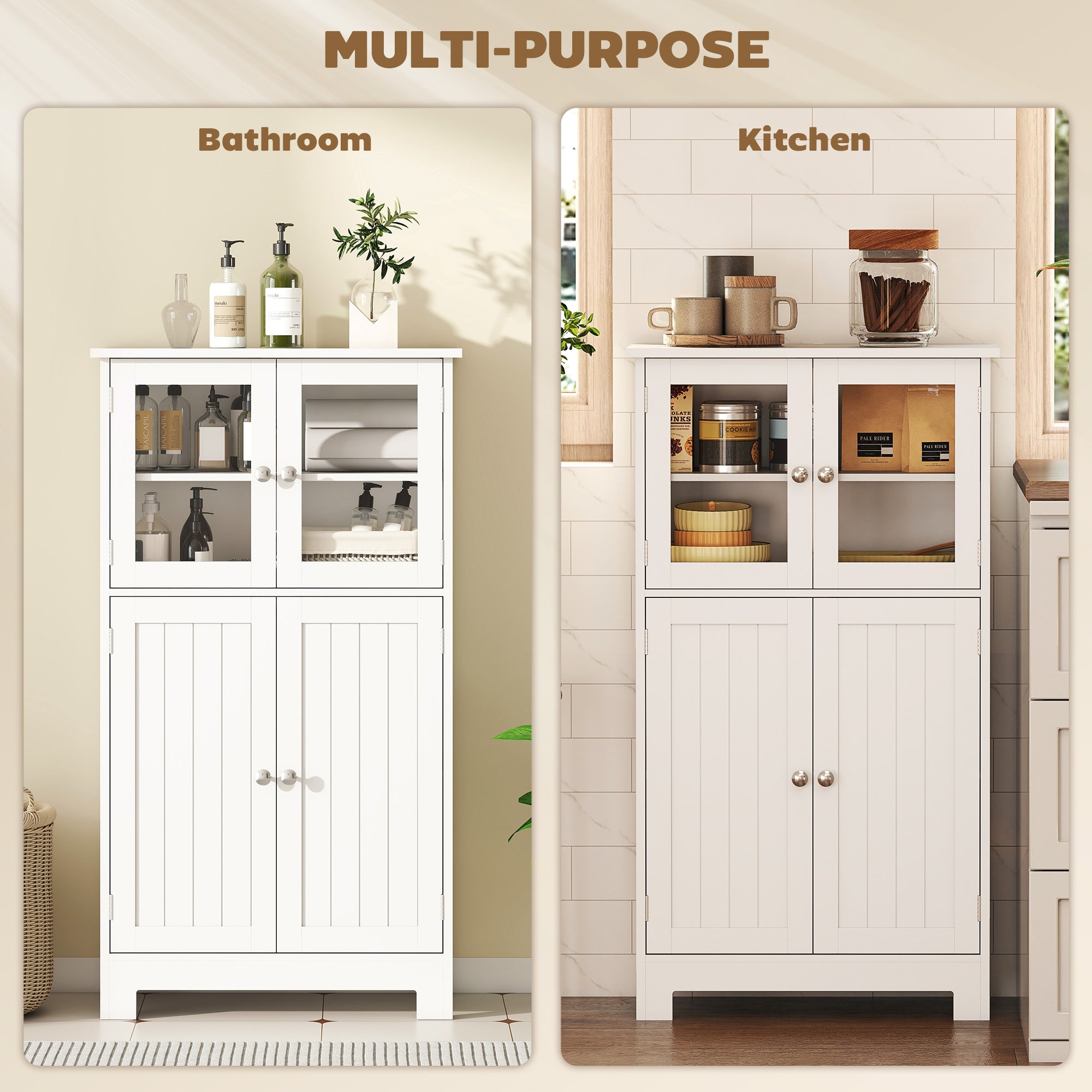 Bathroom Floor Storage Cabinet with Tempered Glass Doors and Adjustable Shelf, Kitchen Cupboard, Free Standing Organizer for Living Room Entryway, White
