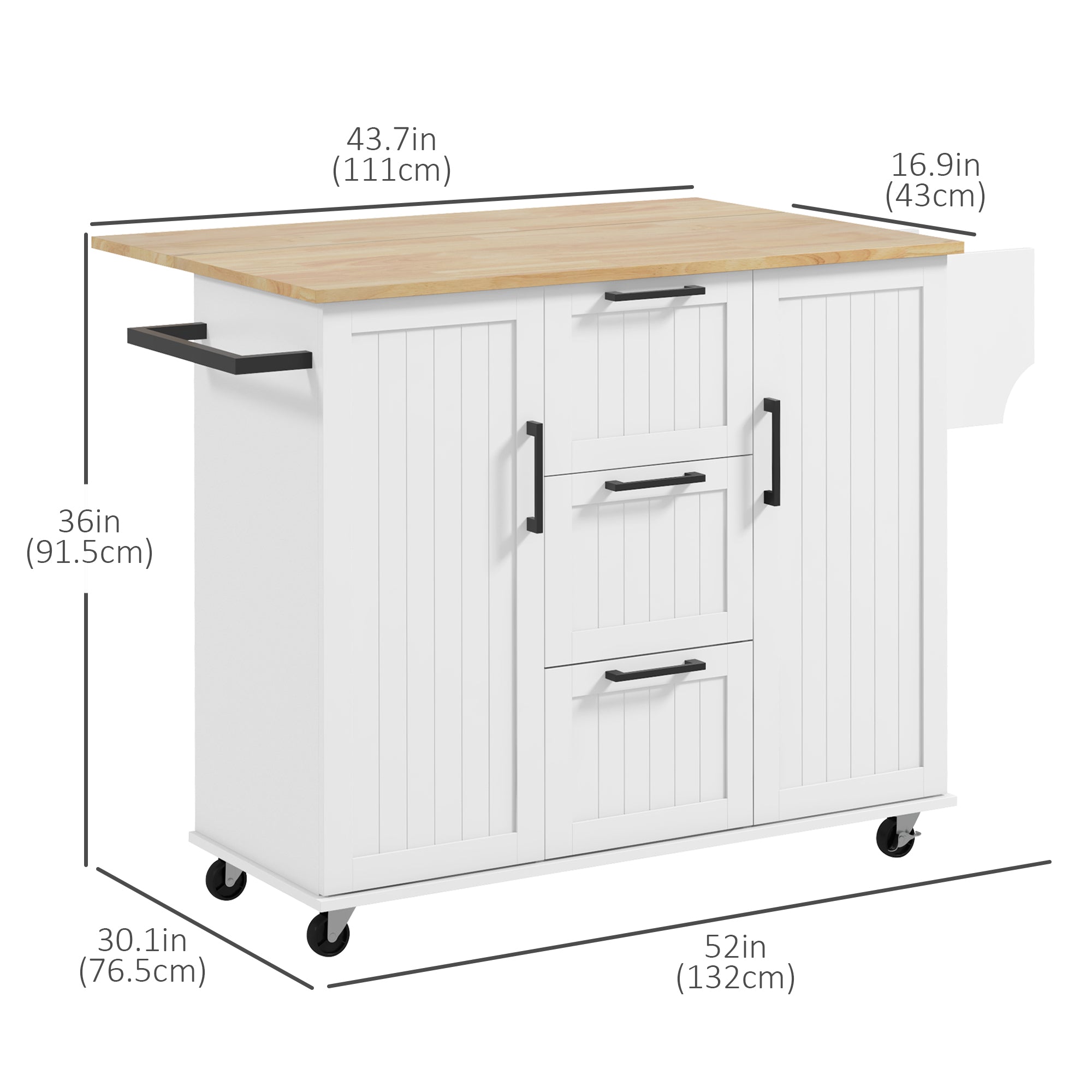 Rolling Kitchen Cart on Wheels with Drop Leaf, Kitchen Island with 3 Drawers, Solid Wood Top and Towel Rack, White