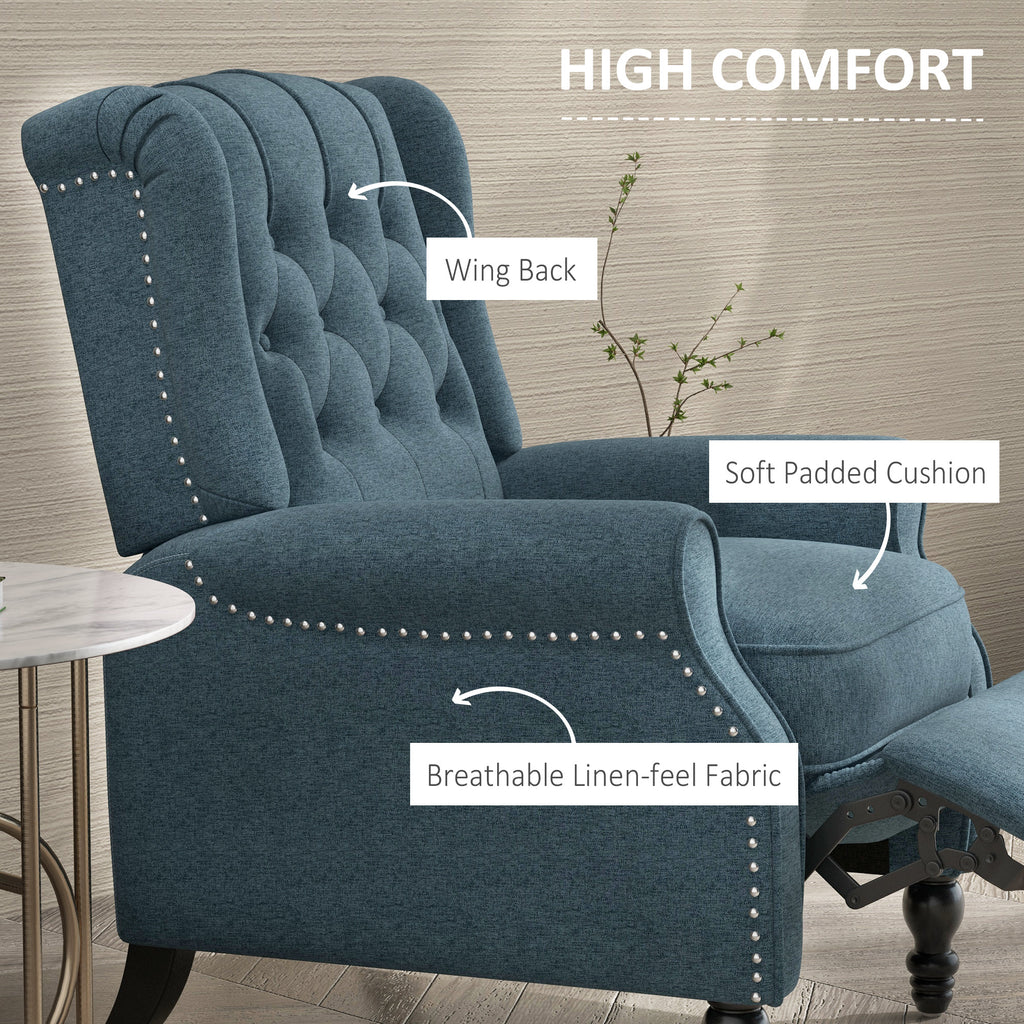 Wingback Reclining Chair with Footrest, Button Tufted Recliner Chair with Rolled Armrests for Living Room, Blue