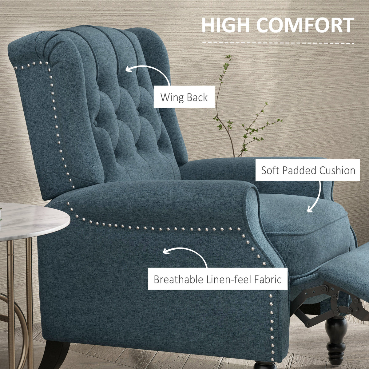 Wingback Reclining Chair with Footrest, Button Tufted Recliner Chair with Rolled Armrests for Living Room, Blue