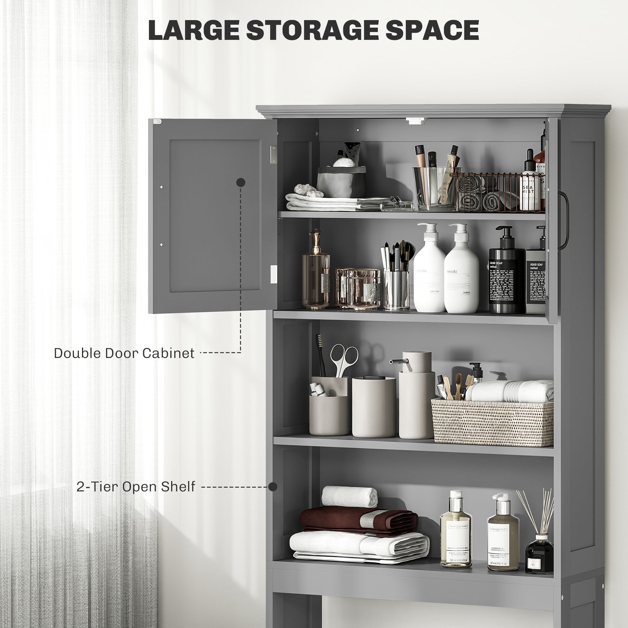 Modern Over The Toilet Storage, Bathroom Cabinets Over Toilet with Open Shelves and Double Door Cabinet, White