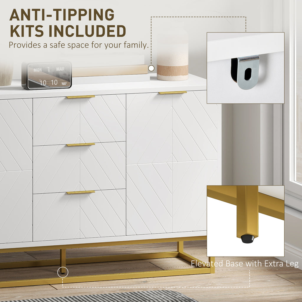 47" Storage Cabinet with Doors, Adjustable Shelves, 3 Drawers, Metal Legs for Kitchen Storage, Home Use, White