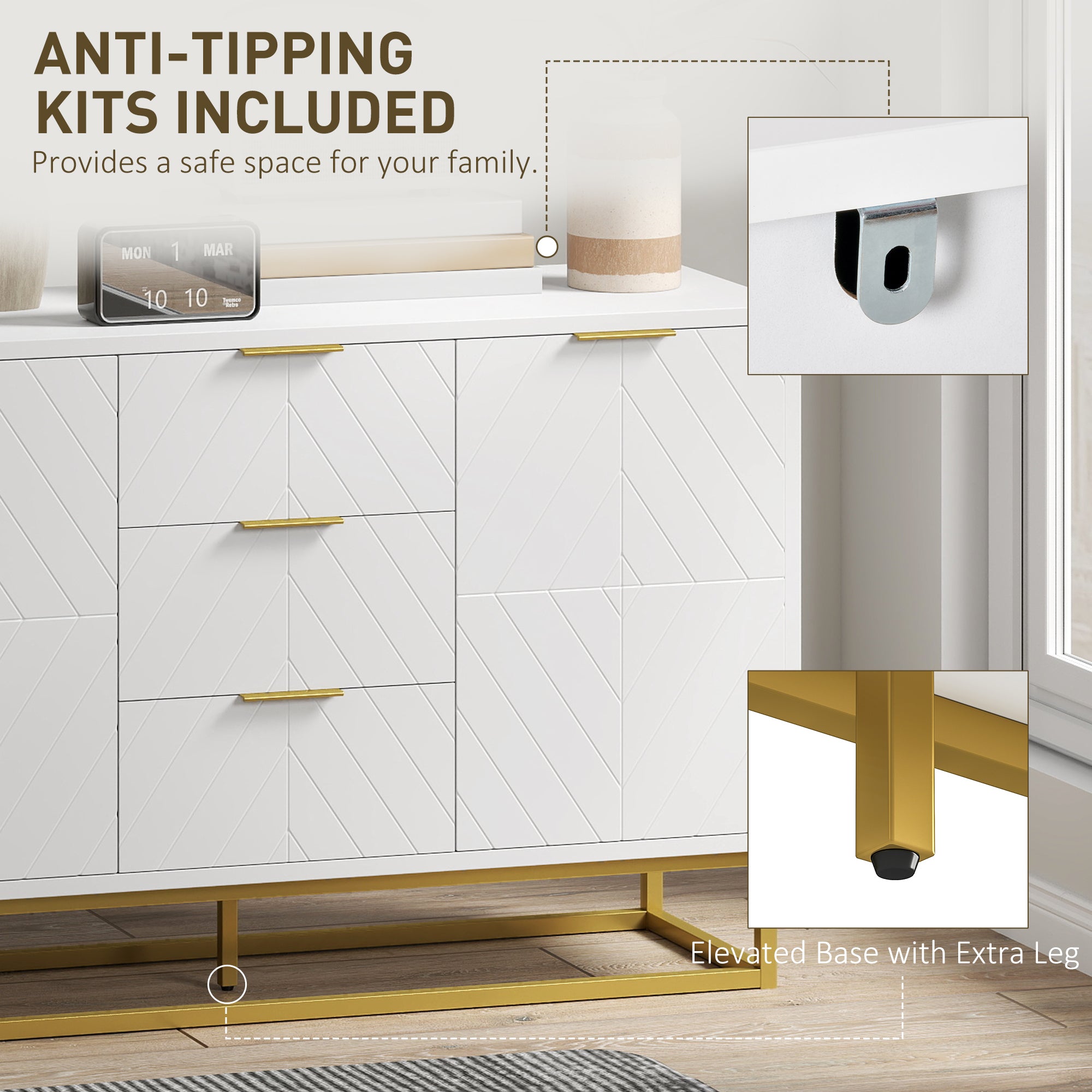 47" Storage Cabinet with Doors, Adjustable Shelves, 3 Drawers, Metal Legs for Kitchen Storage, Home Use, White