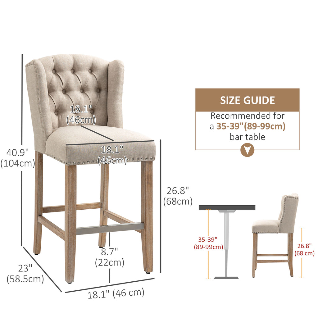 Counter Height Bar Stools Set of 2, Upholstered Bar Chairs with Nailhead Backrest and Footrest, Modern Barstools for Kitchen, Dining Room, Beige