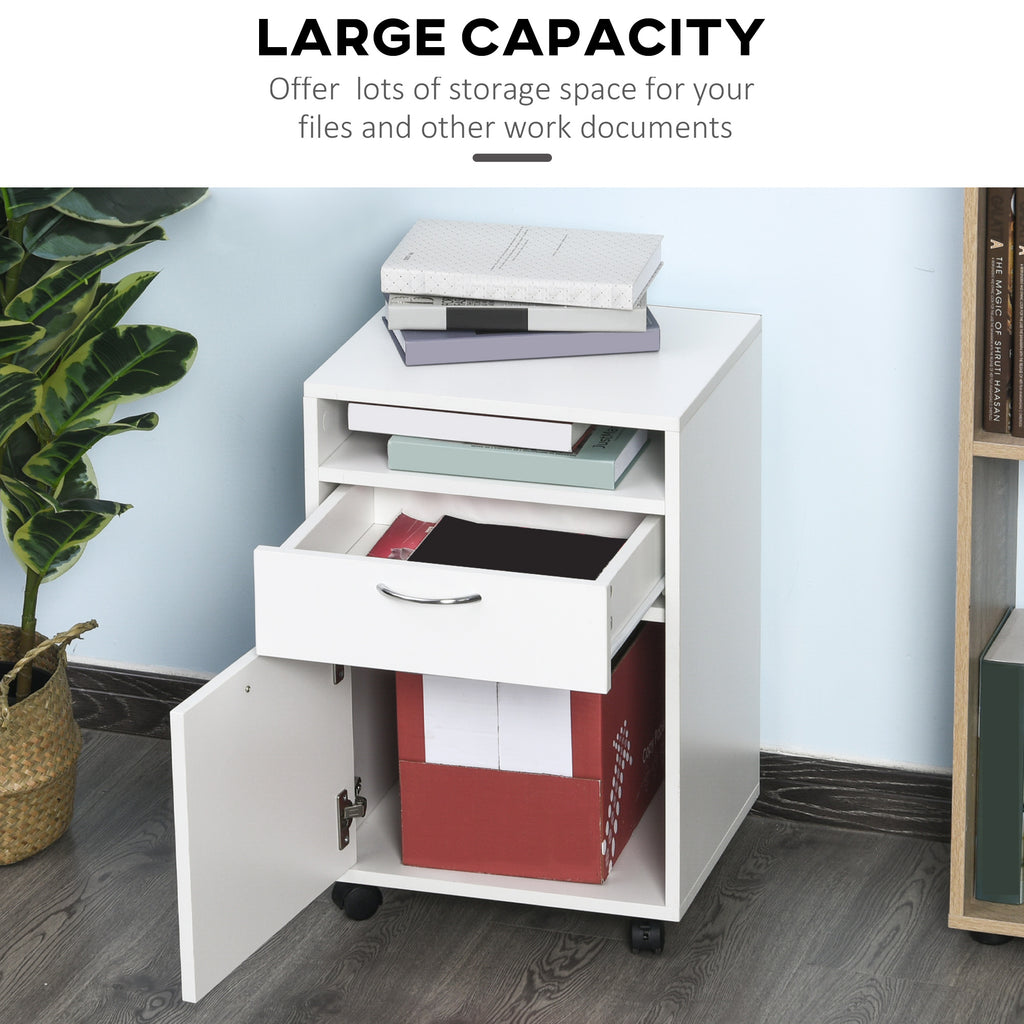 24" Small Filing Cabinet with Open Compartment, Drawer and Wheels, Home Office Storage Cabinet, Black
