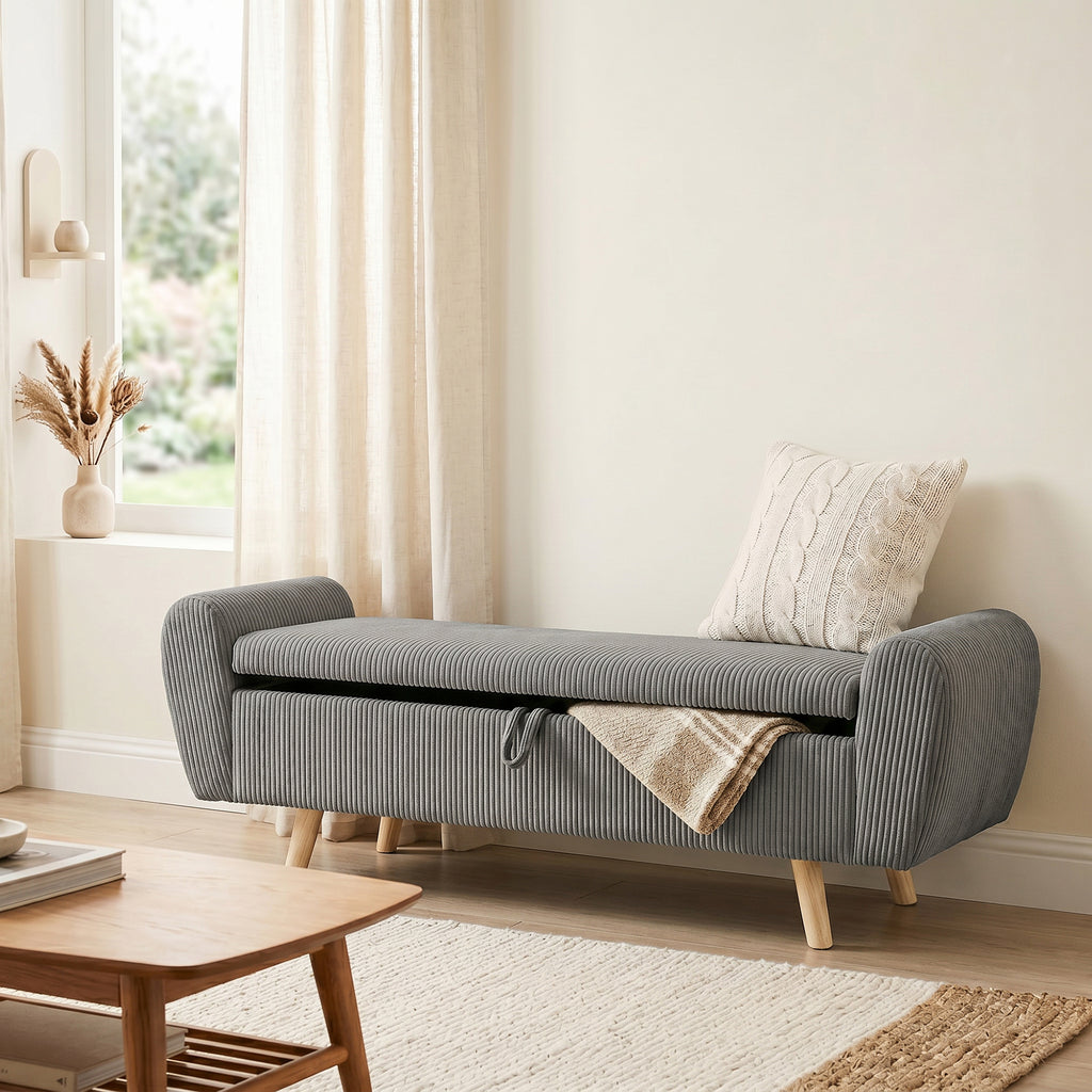 Storage Ottoman, 59" Corduroy End of Bed Storage Bench for King Size Bed with Wooden Legs and Rolled Arms, Dark Grey