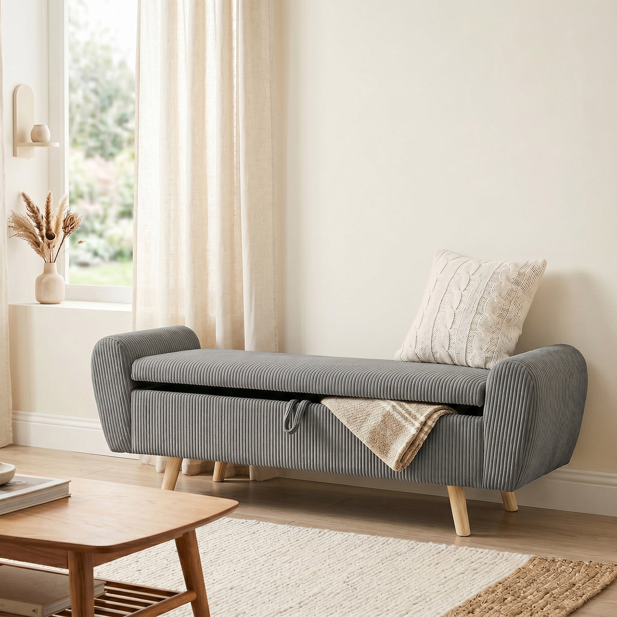 Storage Ottoman, 59" Corduroy End of Bed Storage Bench for King Size Bed with Wooden Legs and Rolled Arms, Dark Grey