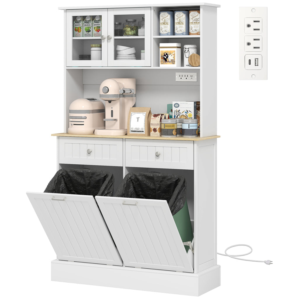 Kitchen Cabinet with Charging Station, 2 Tilt Out Cabinets, Microwave Stand, Freestanding Kitchen Pantry Cabinet, White