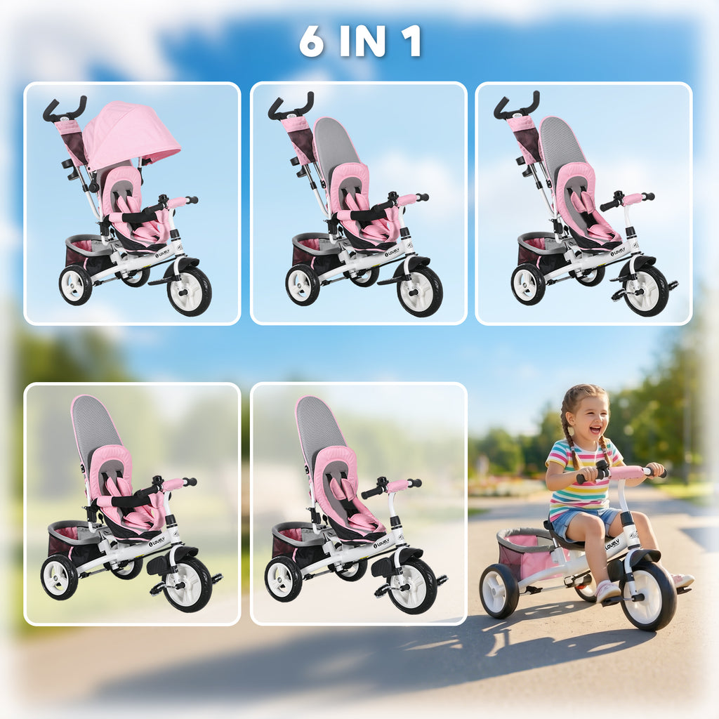 Qaba 6 in 1 Tricycle for Toddler 1-5 Years with Parent-Push Handle, Pink