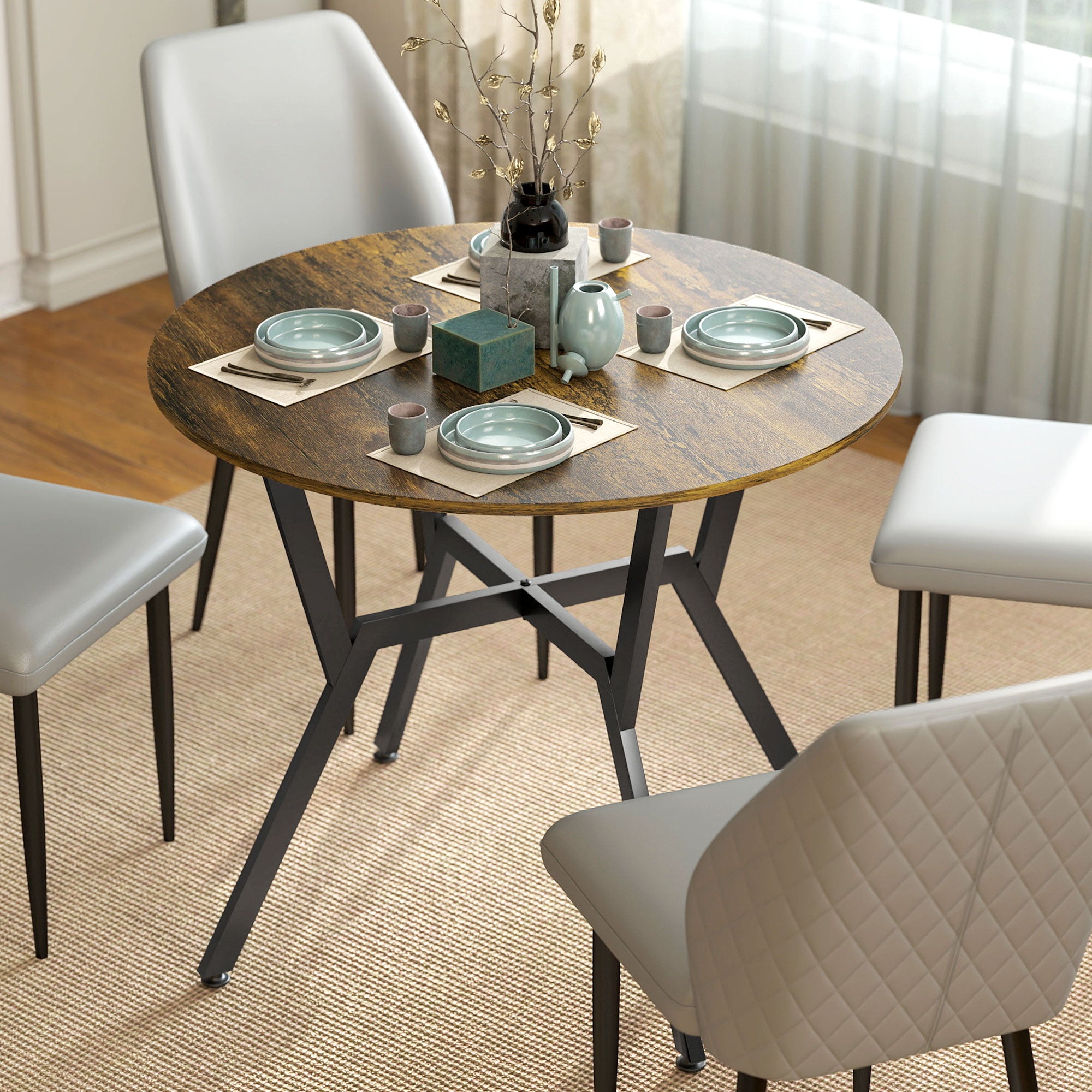35" Round Dining Table, Modern Dining Room Table with Steel Frame, Space Saving Small Kitchen Table, Rustic Brown