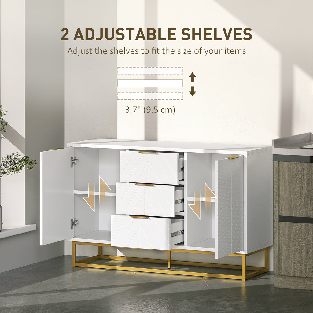 47" Storage Cabinet with Doors, Adjustable Shelves, 3 Drawers, Metal Legs for Kitchen Storage, Home Use, White
