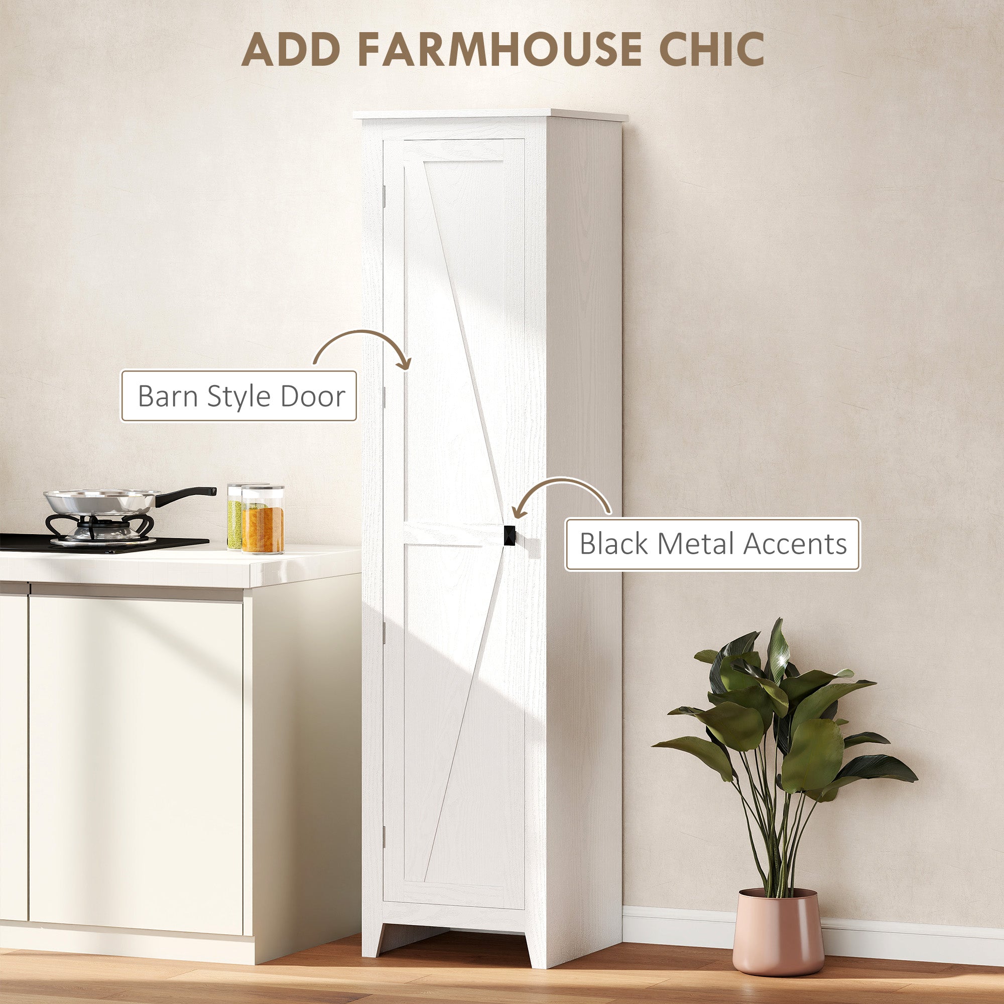 48" Farmhouse Kitchen Pantry Storage Cabinet with Barn Door, Kitchen Pantry Cabinet with Adjustable Shelves, White