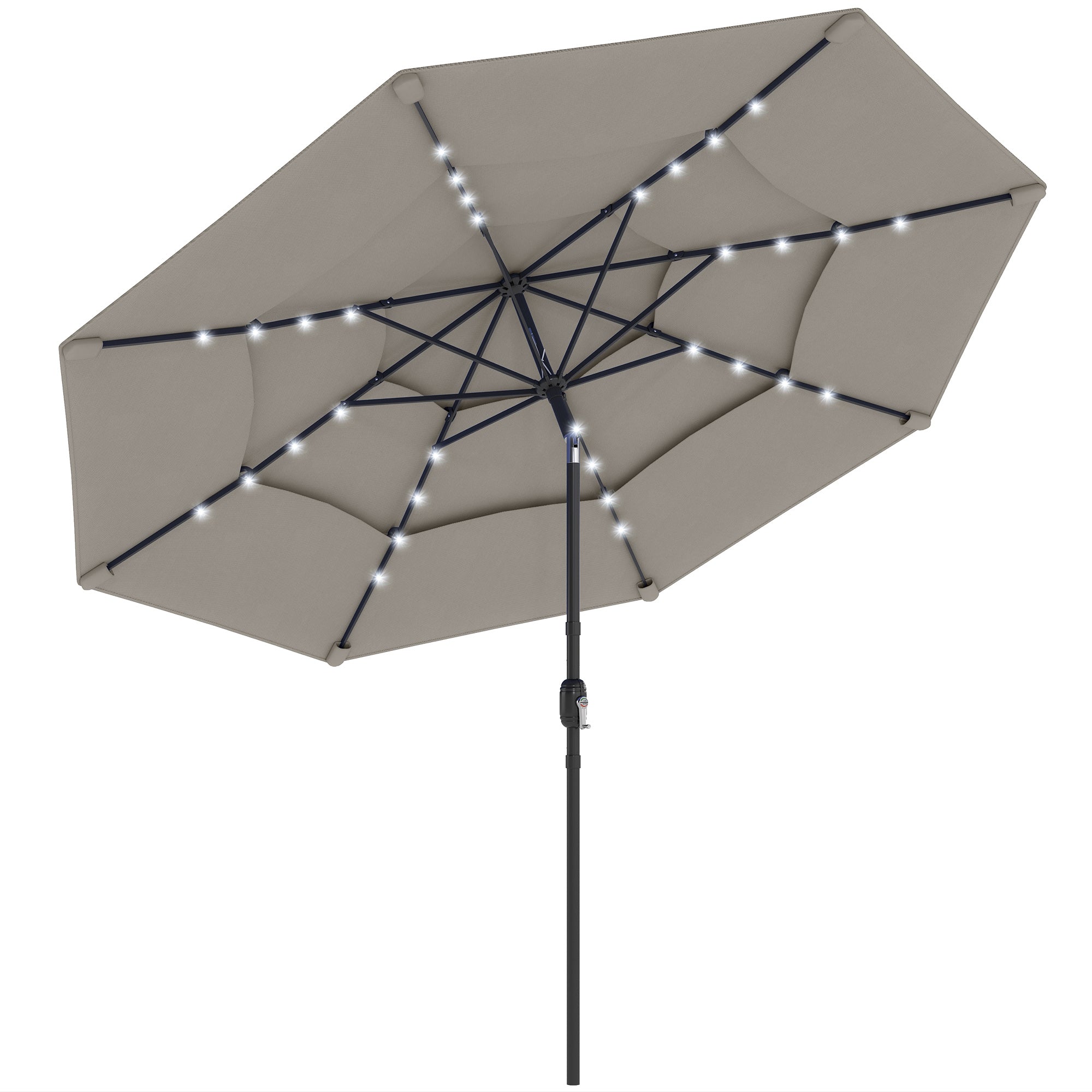 9.3 ft Patio Umbrella with Solar LED Lights, Cover, 3 Tier Outdoor Market Table Parasol with Tilt, Crank, Grey