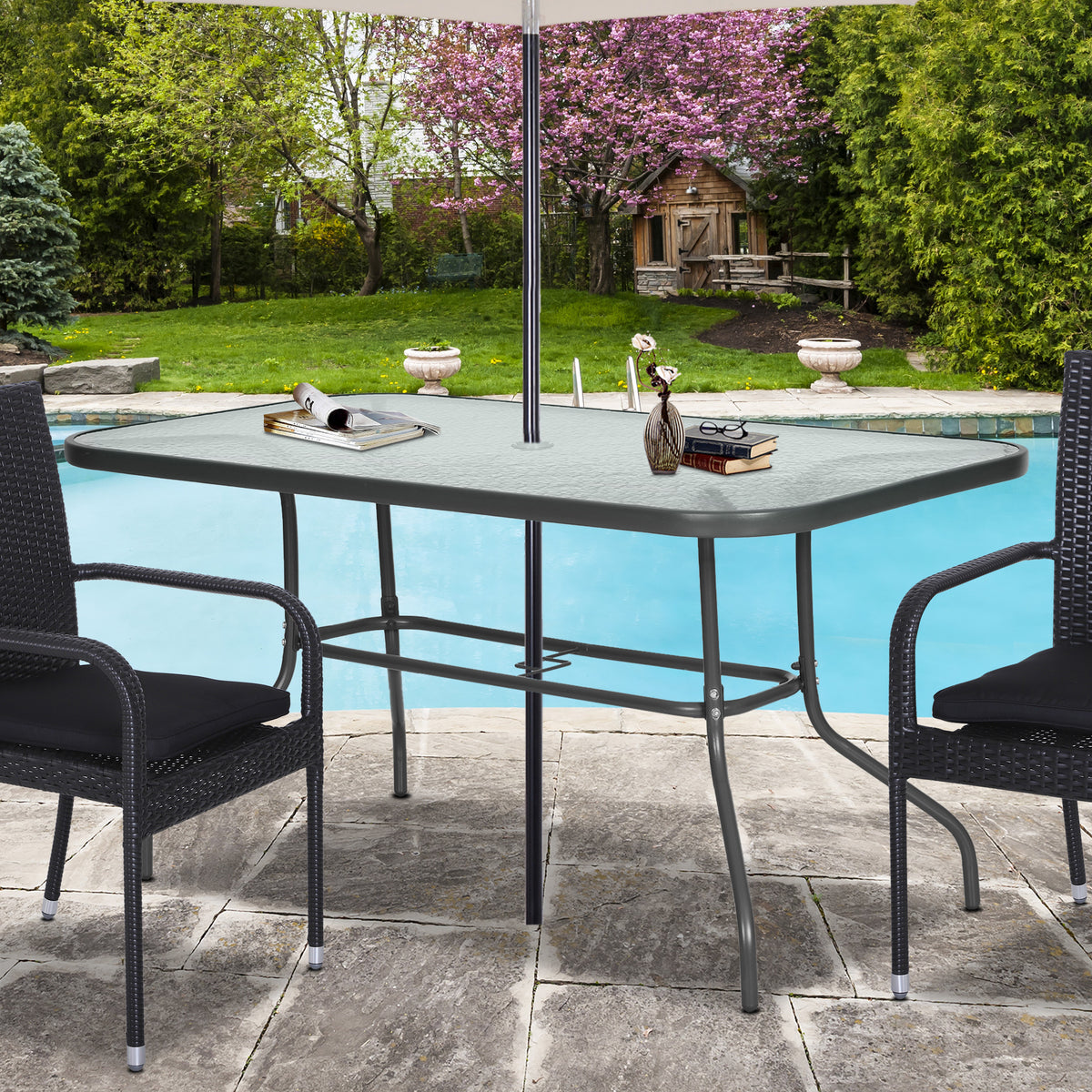 Metal Garden Dining Table with Umbrella Hole, Outdoor Patio Table with Tempered Glass Top, 47.25" x 31.5"