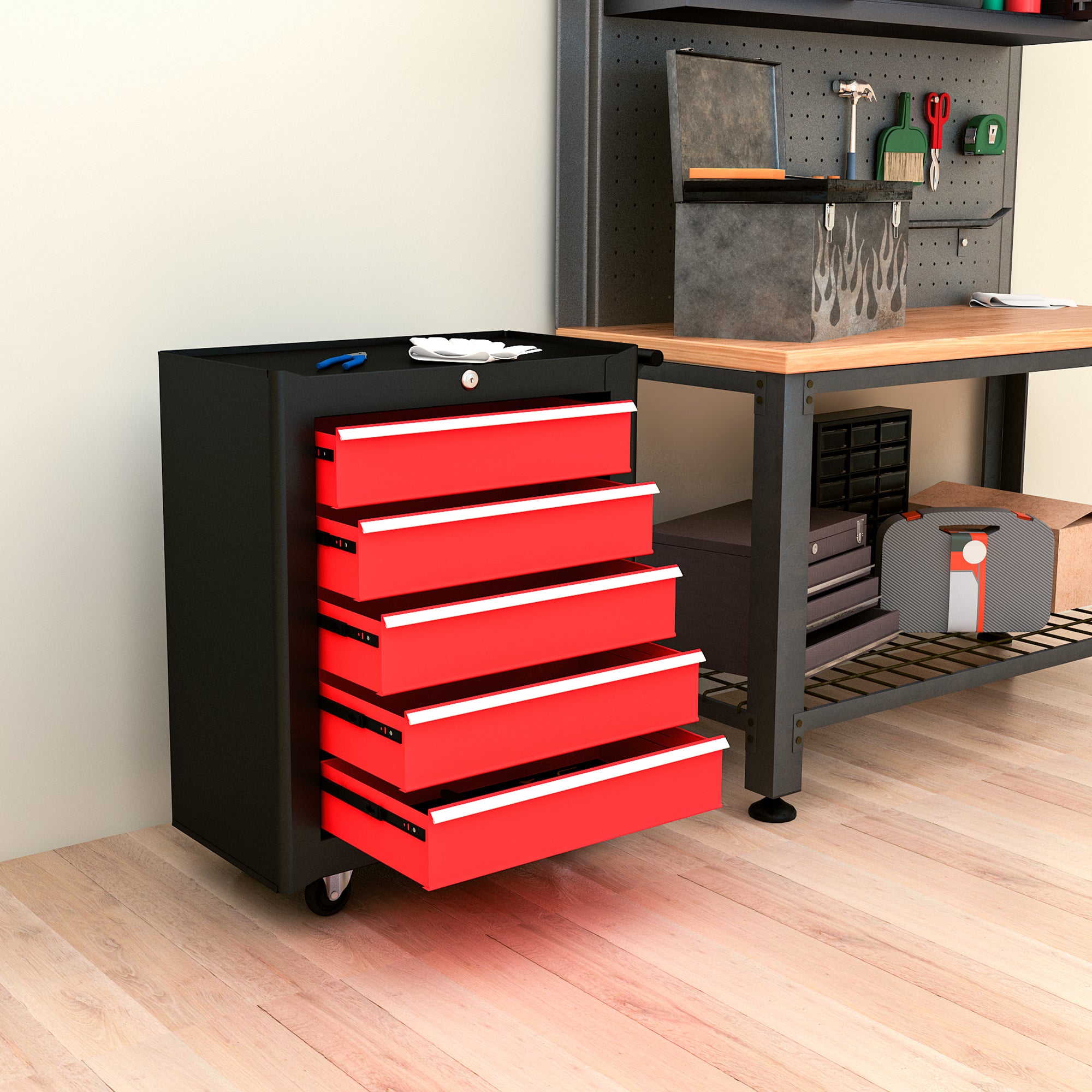 5 Drawer Roller Tool Chest, Lockable Toolbox, Storage Organizer with Handle for Workshop Mechanics Garage, Black and Red
