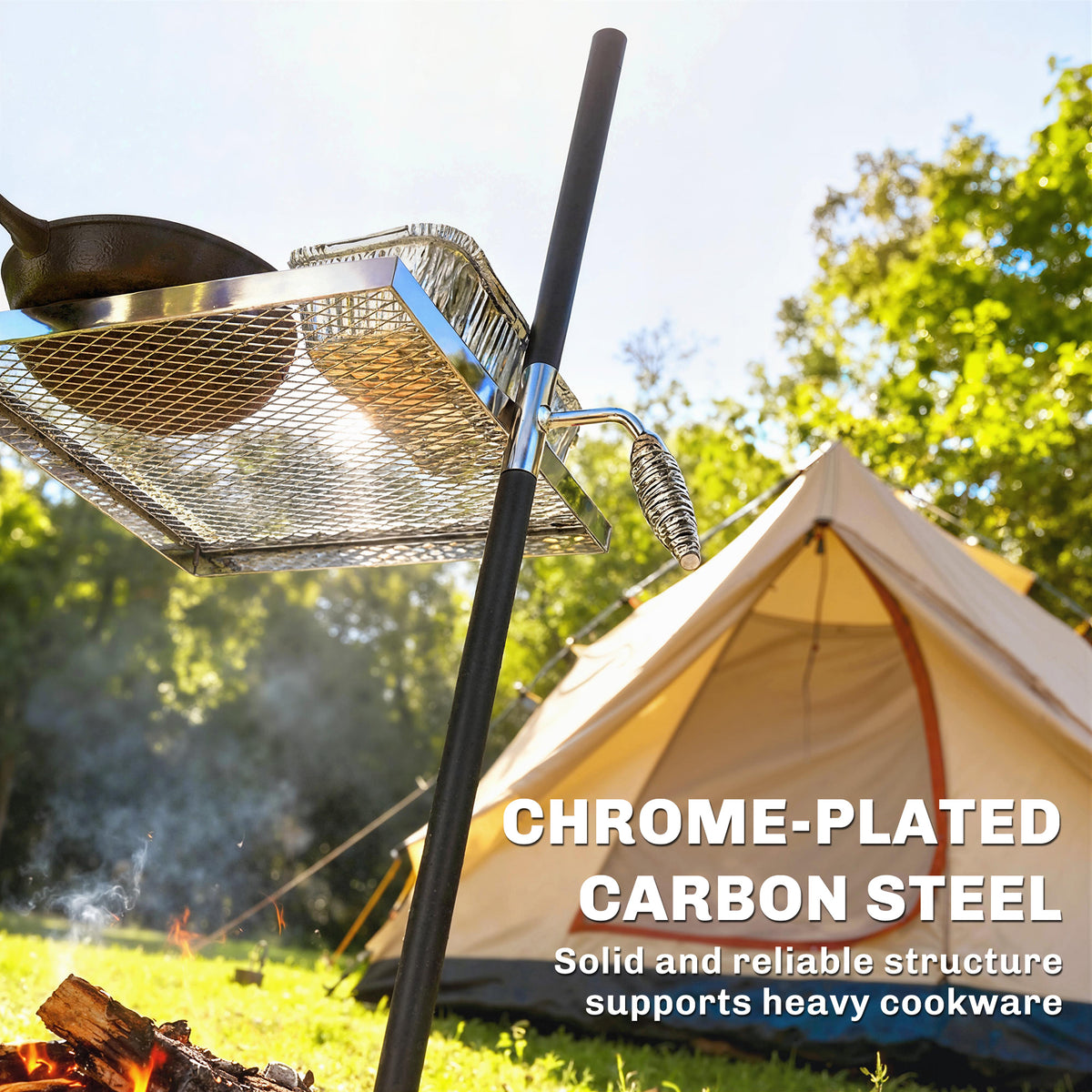 Swivel Campfire Grill, 360° Adjustable Heavy Duty Chrome-Plated Steel Campfire Cooking Grate, Silver