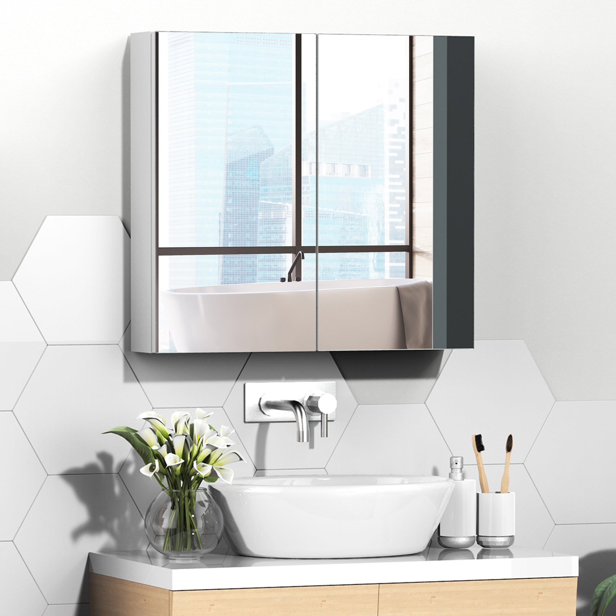 Wall Mounted Mirror Cabinet, Bathroom Medicine Cabinet with Mirror, 2 Doors and 3-tier Shelving, White