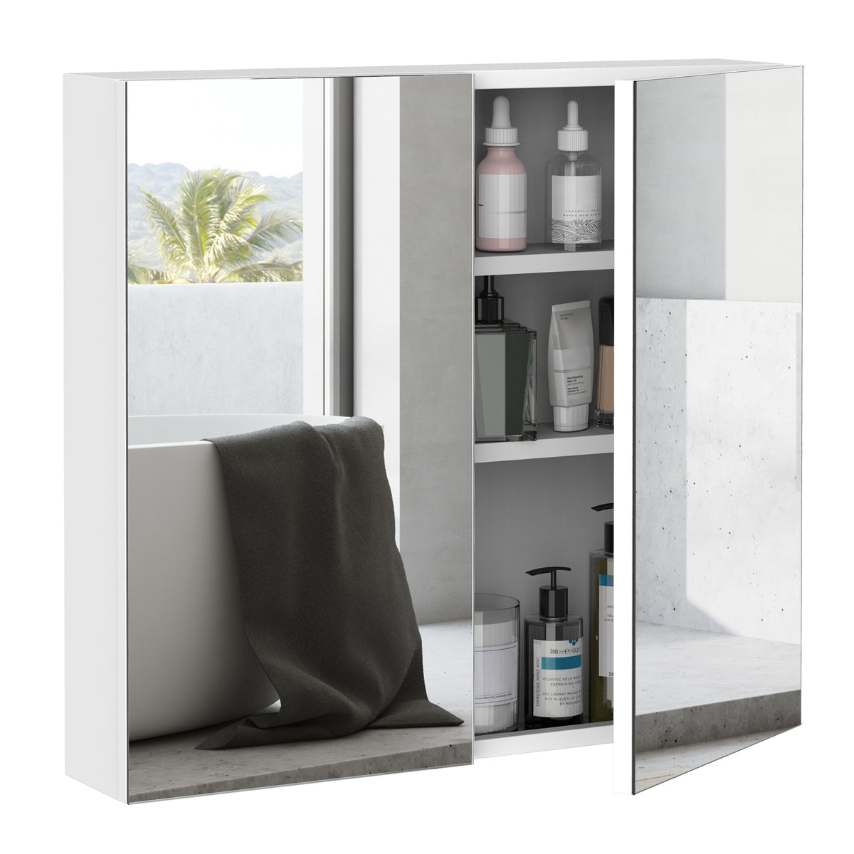 Wall Mounted Mirror Cabinet, Bathroom Medicine Cabinet with Mirror, 2 Doors and 3-tier Shelving, White