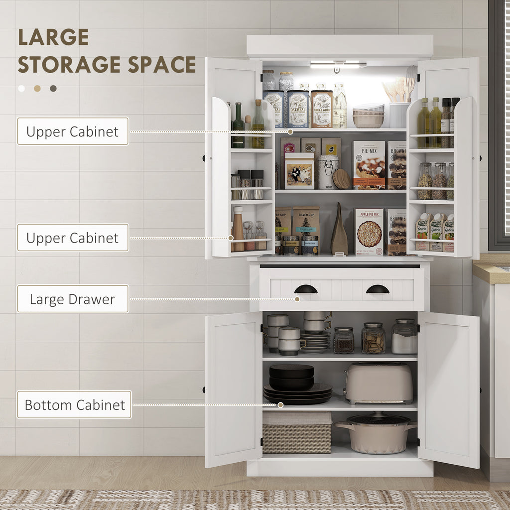 71" Kitchen Pantry Cabinet with LED Lights, 6 Spice Racks, a Drawer and 4 Adjustable Shelves, White