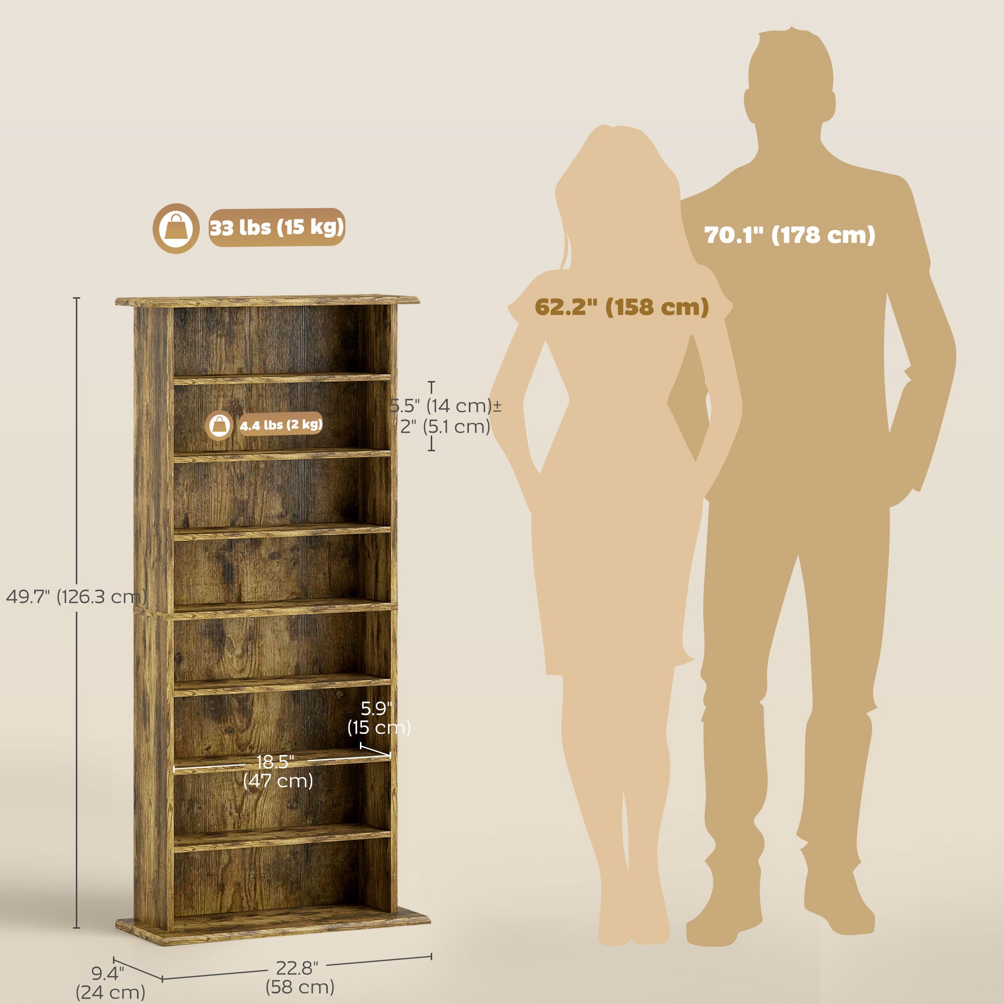 8-Tier DVD Shelf with 6 Adjustable Shelves, Slim CD Shelf, Holds 360 CDs, 185 DVDs or 185 Blu-rays, Rustic Brown