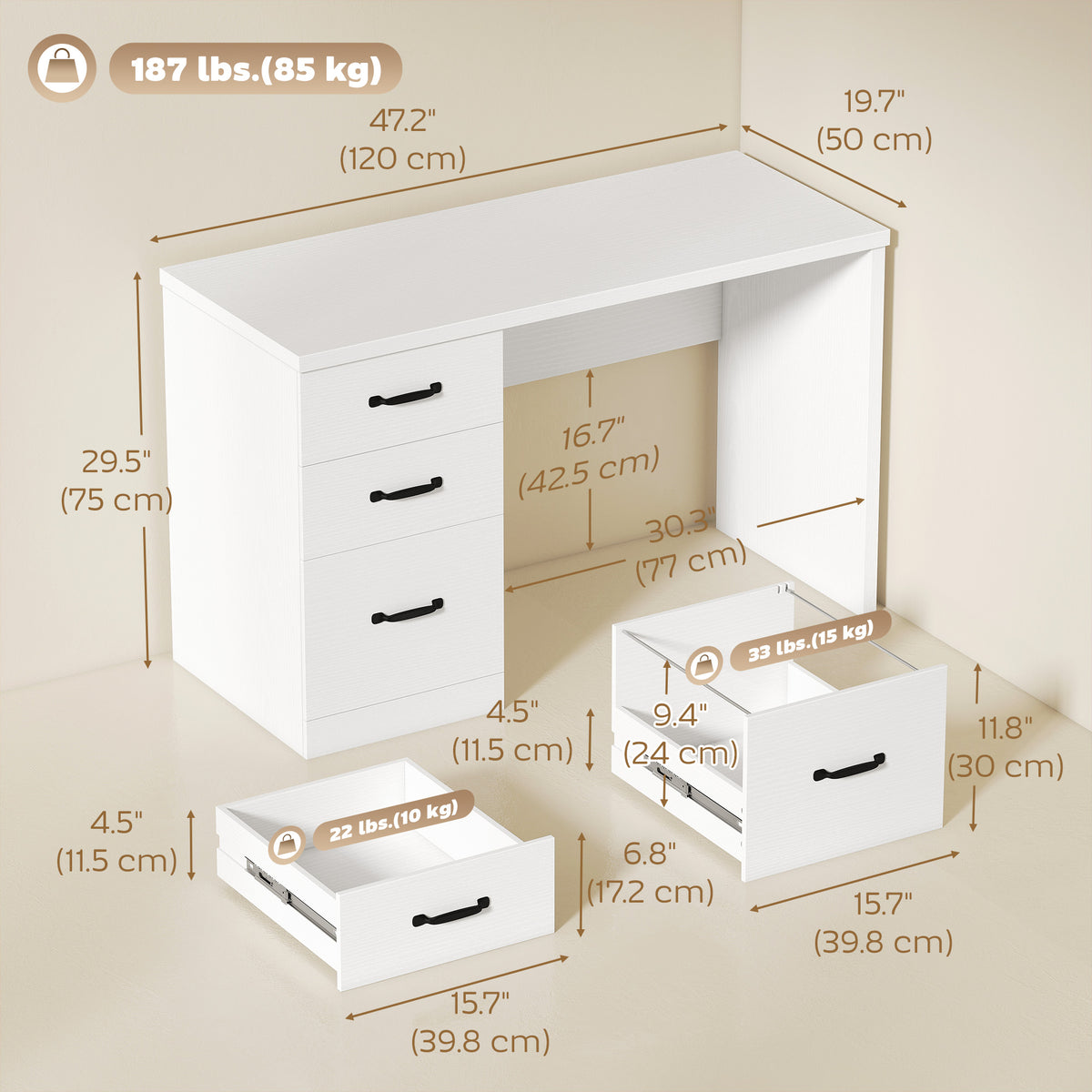 Computer Desk with 3 Drawers, 47" Home Office Desk with Adjustable Hanging Rails for Letter A4 Files, White