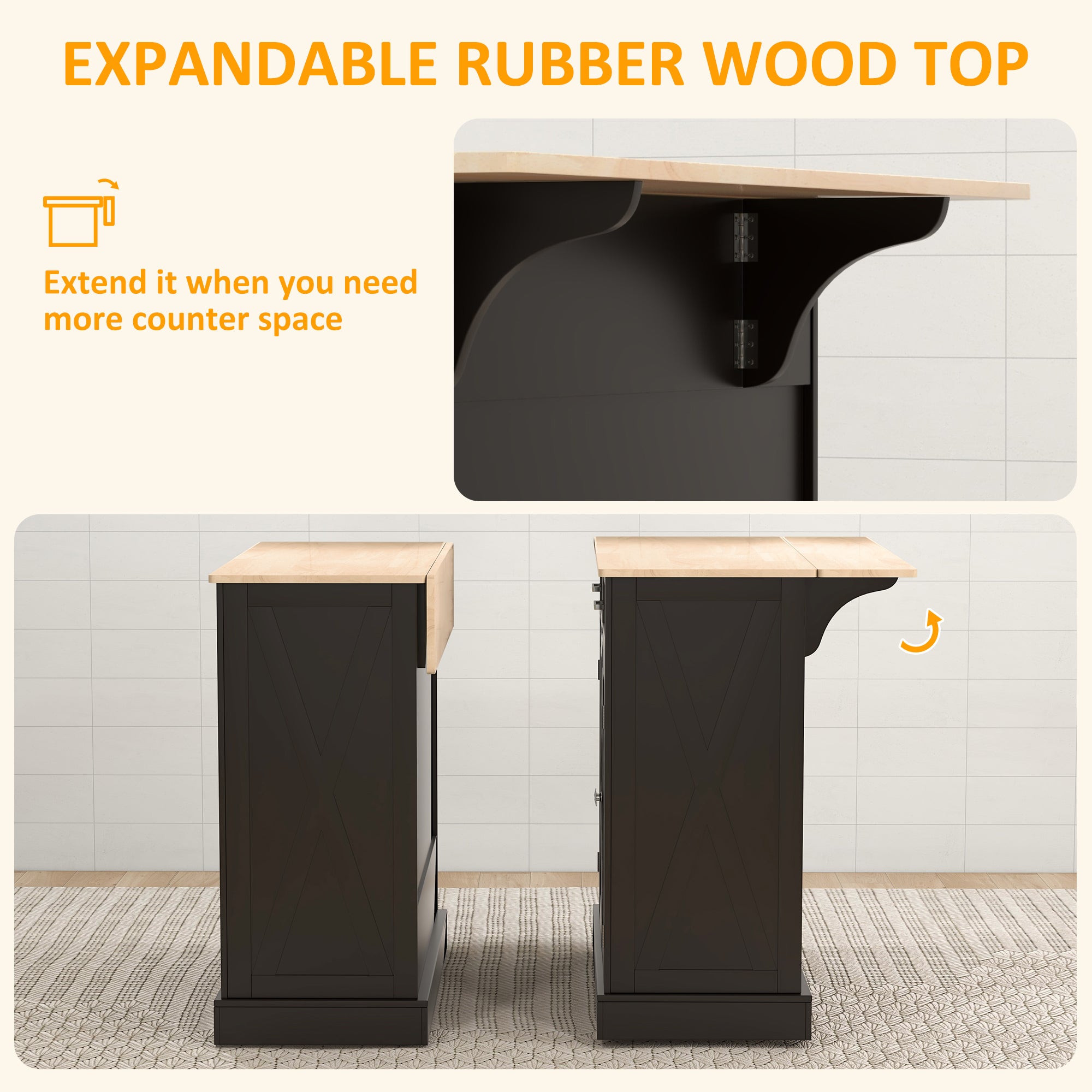 Kitchen Island with Drop Leaf, Rolling Kitchen Cart with 2 Drawers, Adjustable Shelves and Wood Countertop, Black