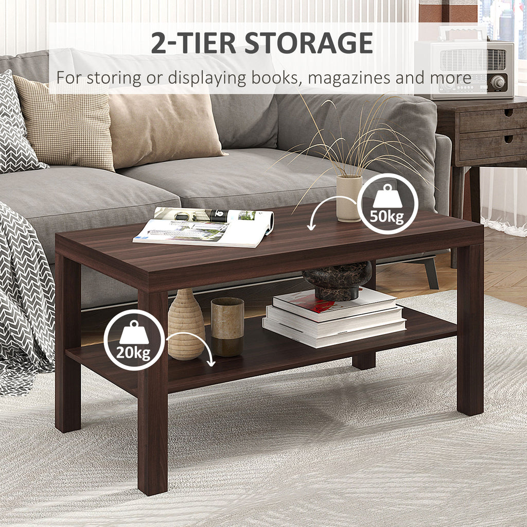 2 Tier Coffee Table with Storage Shelf, Rectangular Center Table for Living Room, Home Office Furniture Walnut
