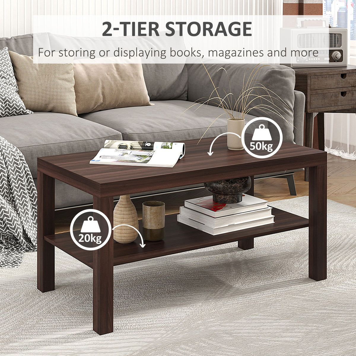 2 Tier Coffee Table with Storage Shelf, Rectangular Center Table for Living Room, Home Office Furniture Walnut